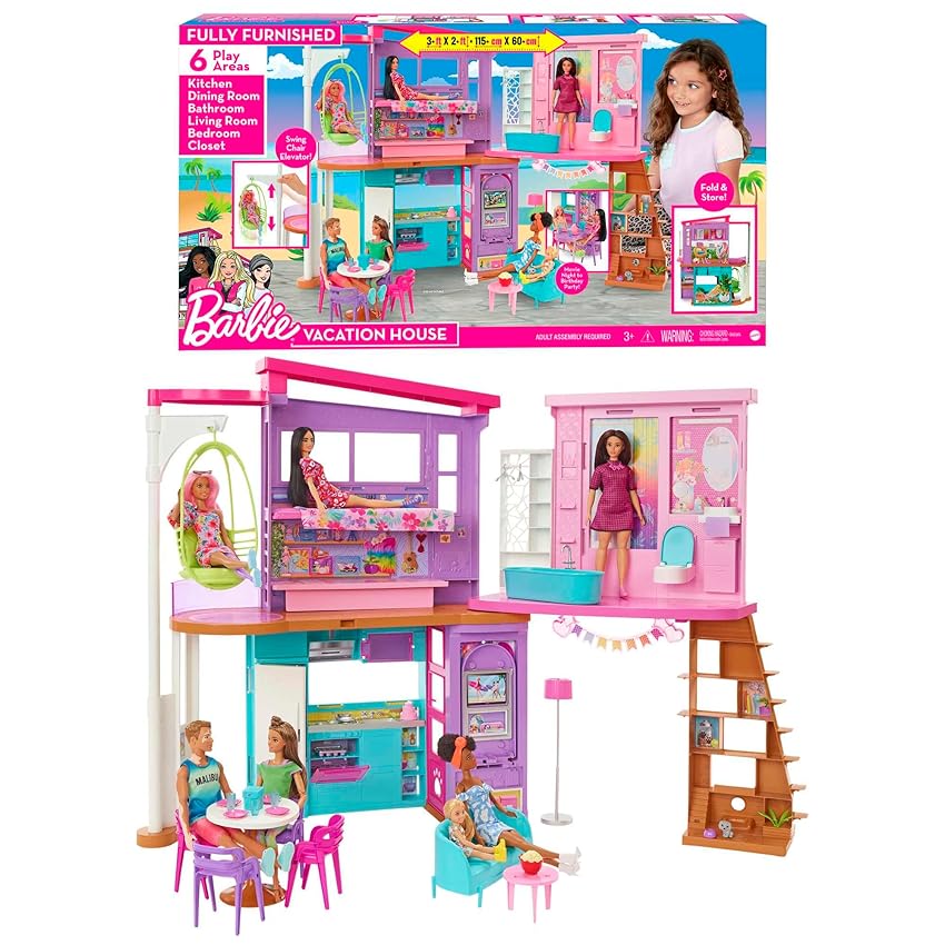Barbie - Casa di Malibu (106 cm) playset casa delle bambole con 2 piani, 6 stanze, ascensore altalena e più di 30 pezzi, Giocattolo per Bambini 3+ Anni, HCD50