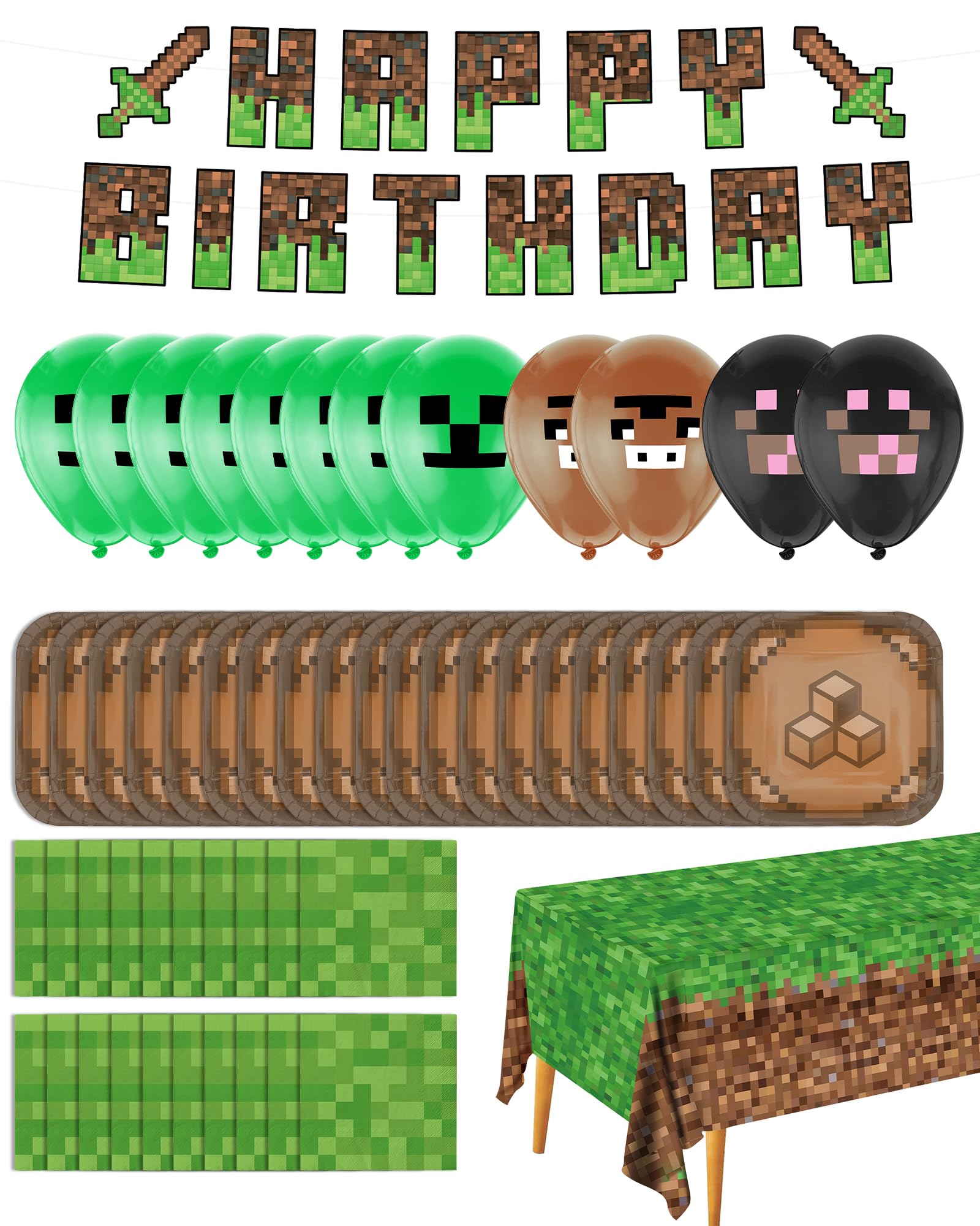 Pixel Party Birthday Decorations - Serves 20 | Miner theme Party Supplies Includes Balloons, Birthday Banner, Plates, Tablecover, Napkins