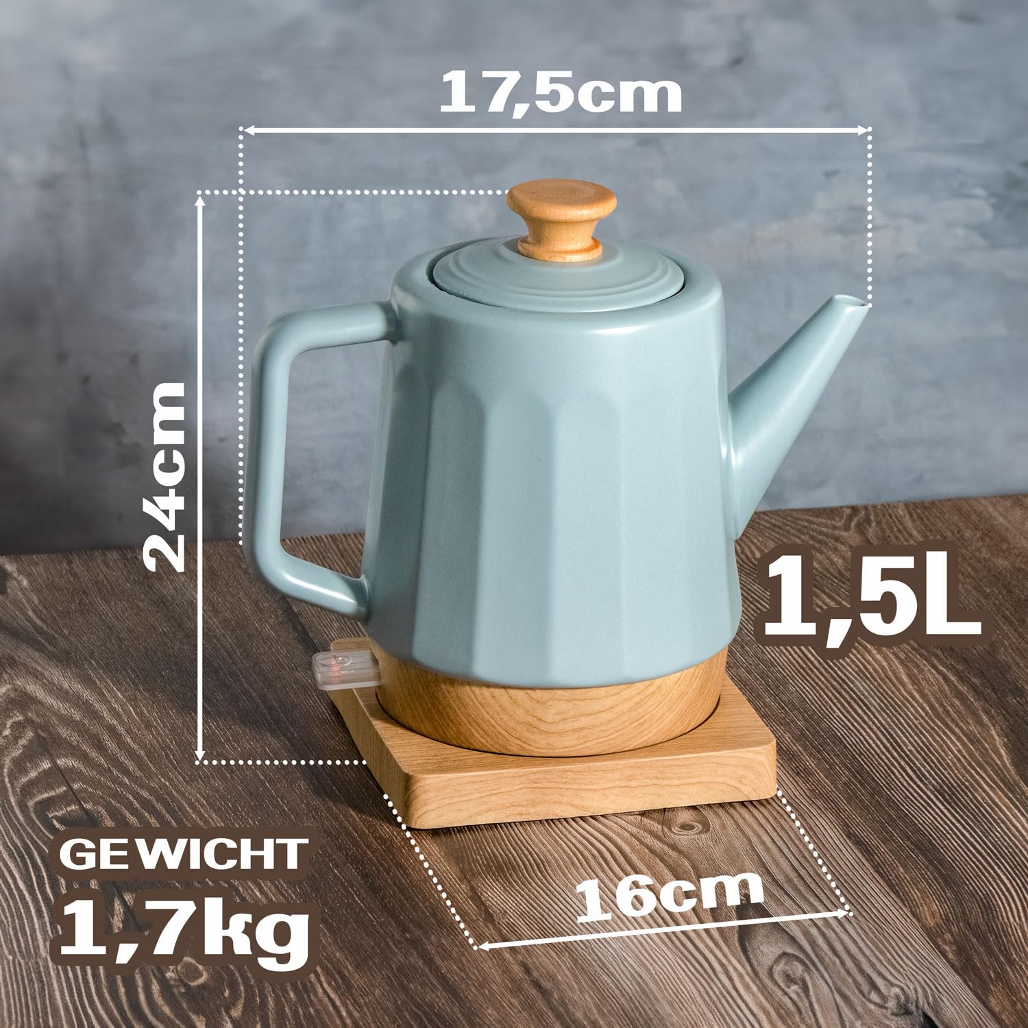 Elektrischer Wasserkocher aus Keramik, 1,5 Liter, abnehmbarer Deckel, Grau-Blau Modernes Design Harmonie, Teakettle ceramic 1500 W, grey, Deckel-Holzgriff,drehbare Basis, Öko-Design