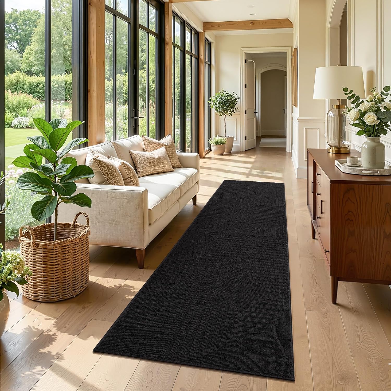 Findosom Washable Runner Rug 2x8, Geometric High-Low Textured Non Slip Hallway Runner Rug with Rubber Backing, Boho Carpet Runner for Kitchen, Bedroom, Laundry, Entryway, Bathroom, Black