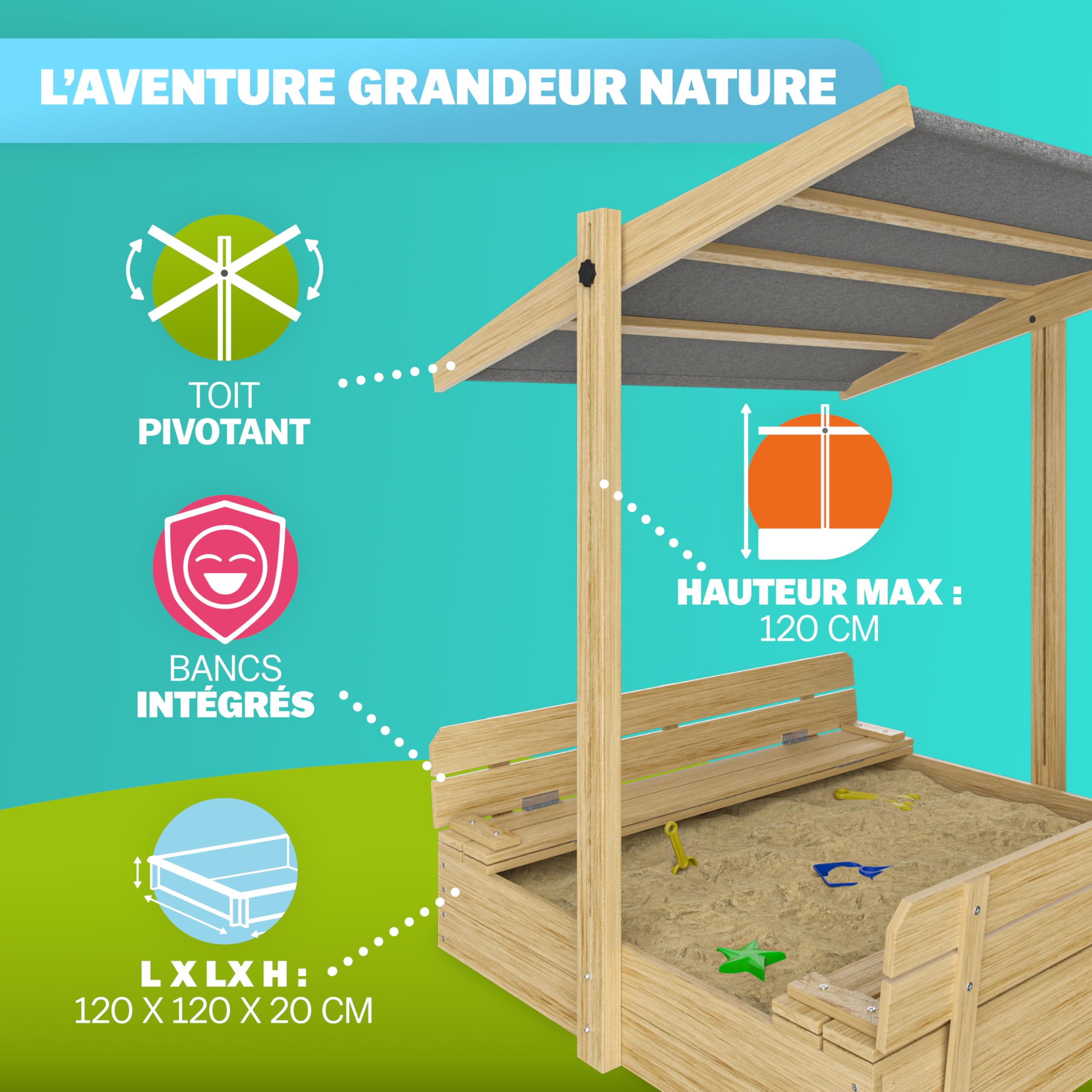 SPIELWERK® Sabbiera Gioco Bambini 120x120x120cm Tettoia Parasole in Legno Protezione UV Giocattolo Bimbi da Esterno con Sabbia e Copertura Tetto
