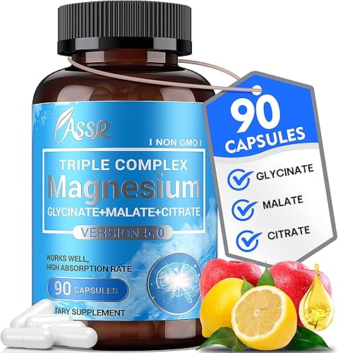 ASSR Complejo triple de magnesio - Suplemento de magnesio de 300 mg con glicinato, malato y citrato - Apoya la relajación, la función muscular y
