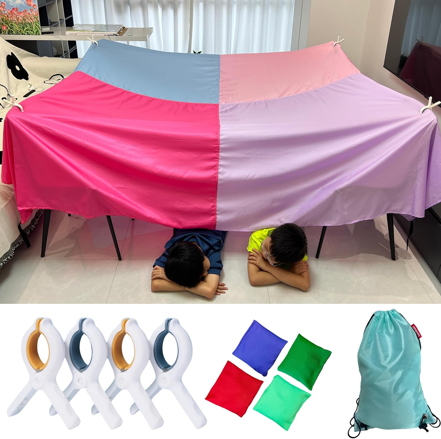 Magic Fort Building Kit for Kids with CPC Certification - Large Lightweight Blanket Fort Making kit and Clips - Portable Playhouse Play Tent Fort - Indoor/Outdoor Girls/Boys Toys Ages 4-5 6 7 8-12