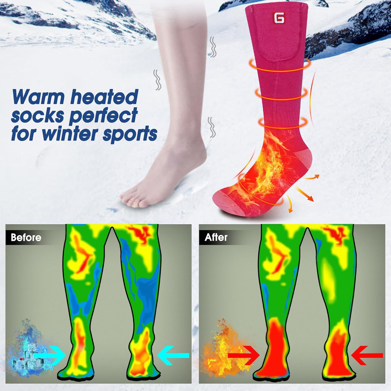 Autocastle Girls Heated Socks for Women Rechargeable Battery Socks Electric Socks for Chronically Cold Feet Winter Warm Thermal Socks Washable Unisex Foot Warmer for Hunting Skiing Cycling