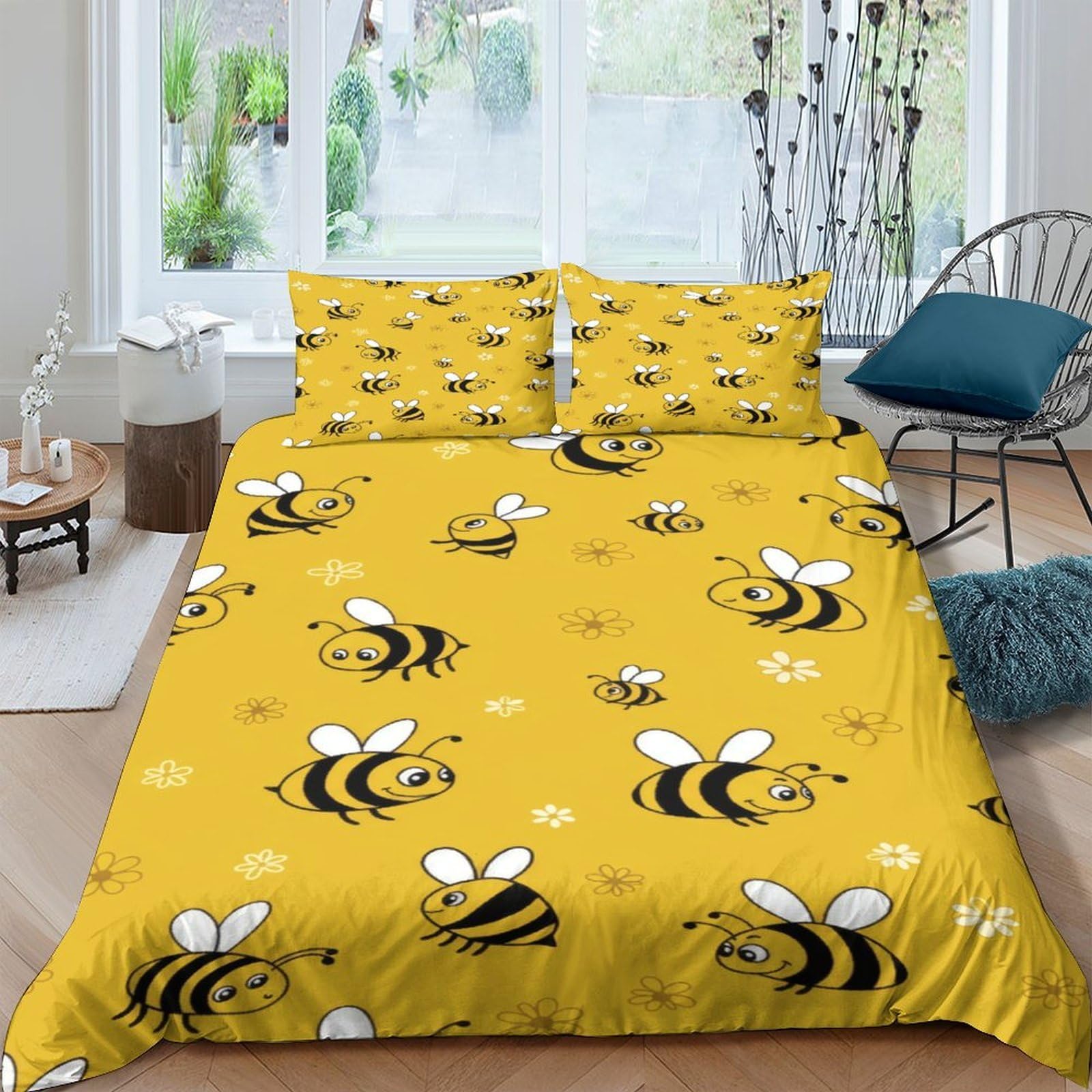 GPLZQXKJNH 3D Printed Bee Pattern Duvet Cover Set Microfiber Yellow Bedding Set with 2 Pillowcases for Bedroom Decor Single（135x200cm）
