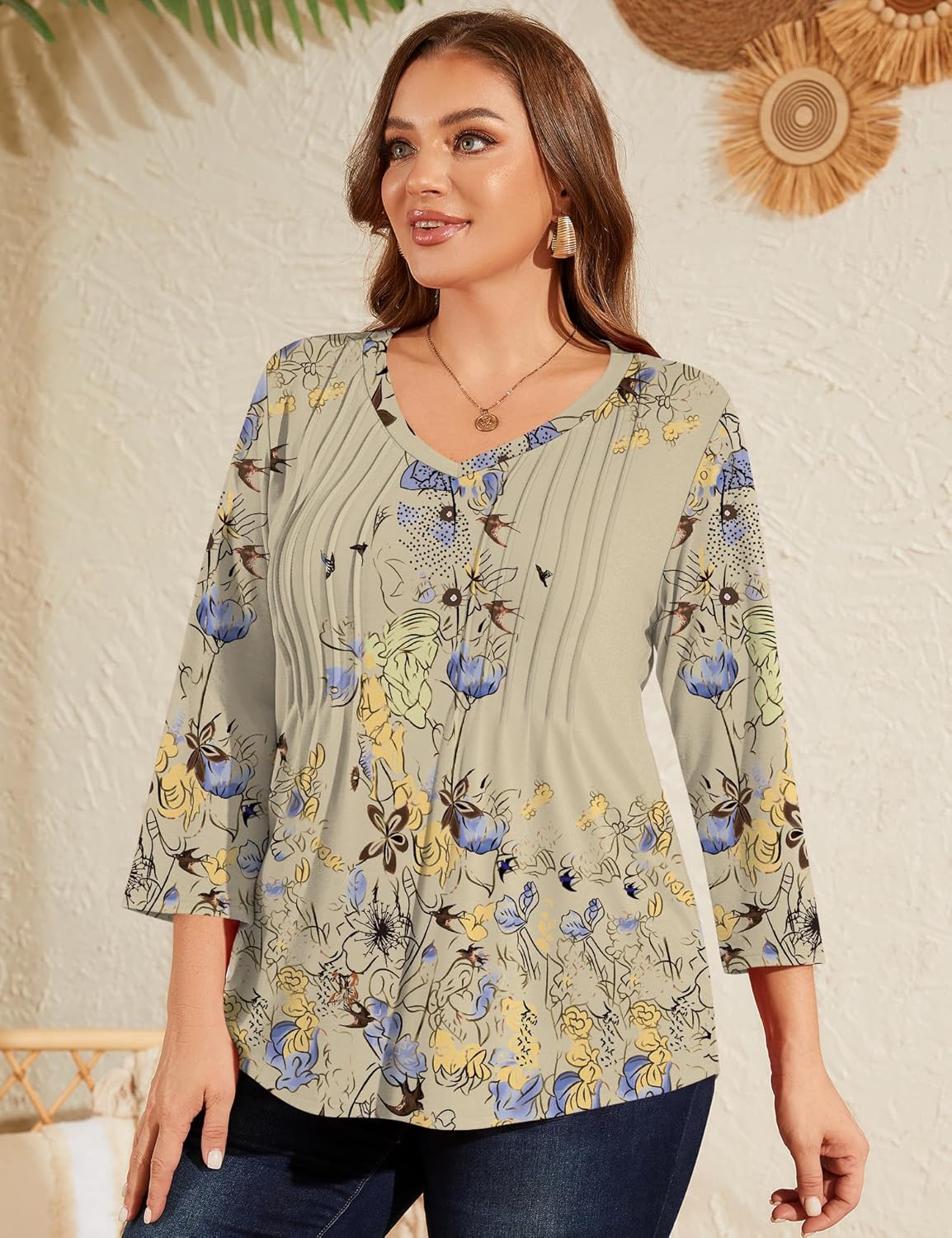 Romanstii Plus Size Tops for Women Womens 2026 Spring 3/4 Sleeve Blouses Dressy Casual V-Neck T-Shirts Pleated Tunic XL-5XL - Image 3