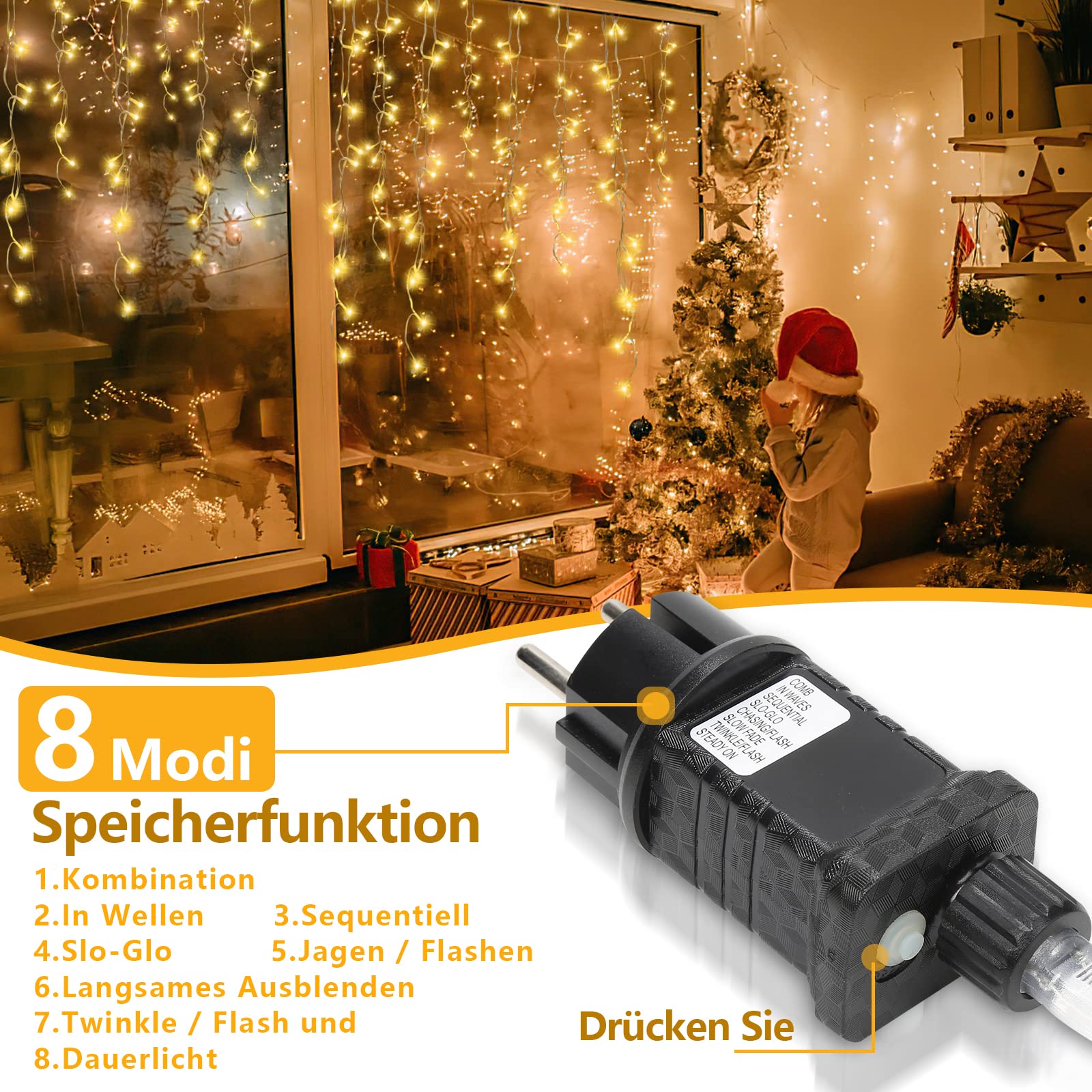 Łańcuch świetlny na zewnątrz, 400 diod LED, 10 m, kurtyna świetlna LED z 8 trybami oświetlenia, wodoszczelność IP44, do wyposażenia wnętrz, na zewnątrz, do sypialni, na wesele, Boże Narodzenie, imprezę, ciepła biel