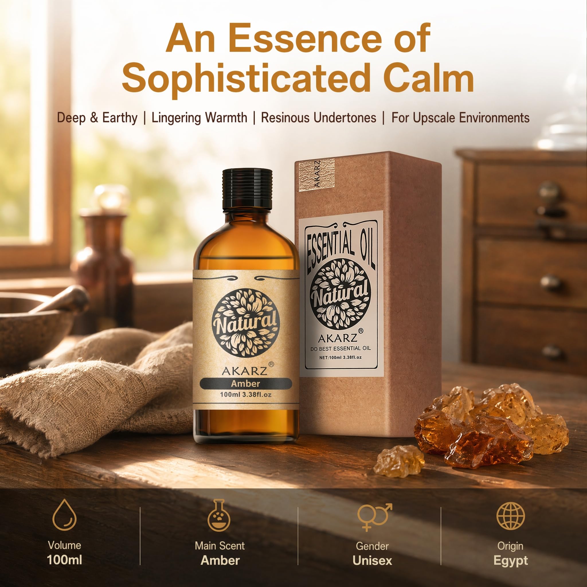 AKARZ 100ml Olejek esencjny z Bursztynu - Naturalny olejek aromatyczny do dyfuzorów, lamp aromatycznych i aromatów pomieszczeń
