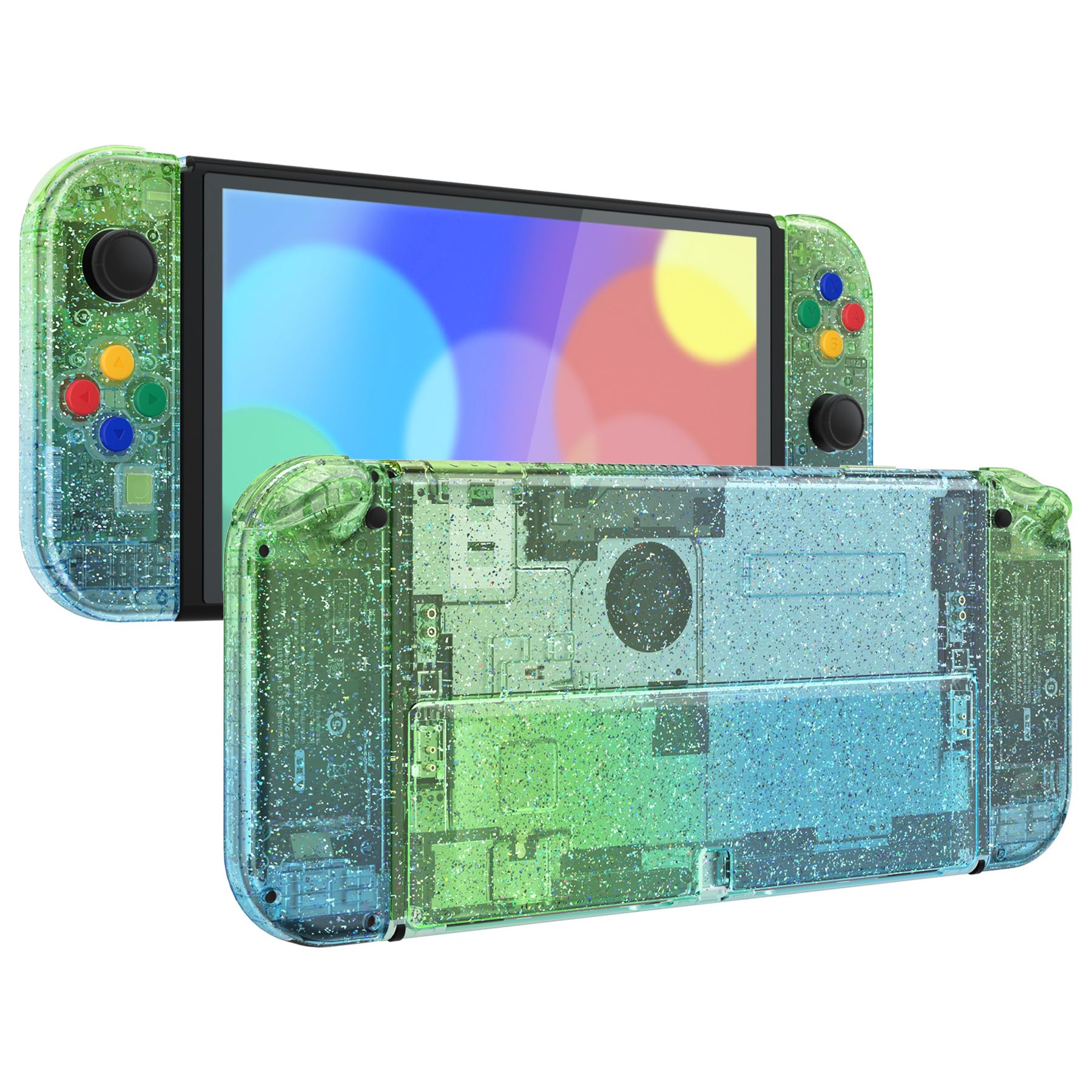 eXtremeRate Coque Complète de Remplacement avec Bouton pour Nintendo Switch OLED, Coque avec Bouton avec Support pour PC Personnalisé pour Nintendo Switch OLED, Transparent Bleu Vert
