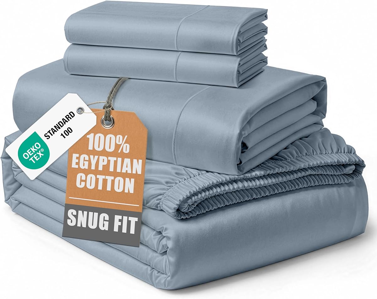 100% Egyptian Cotton King Size Sheets- Naturally Breathable & Durable Winter Comfort, Ultra-Soft Hotel Comfort with 15" Deep Pocket King Sheet Set, Silky Sateen Weave Luxury You Can Feel- French Blue