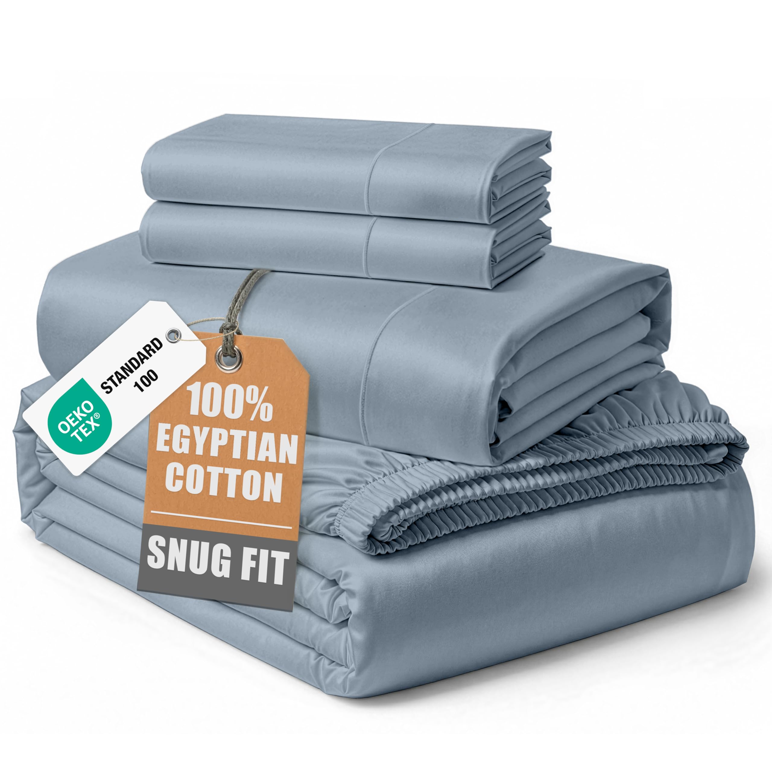 100% Egyptian Cotton King Size Sheets- Naturally Breathable & Durable Winter Comfort, Ultra-Soft Hotel Comfort with 15" Deep Pocket King Sheet Set, Silky Sateen Weave Luxury You Can Feel- French Blue