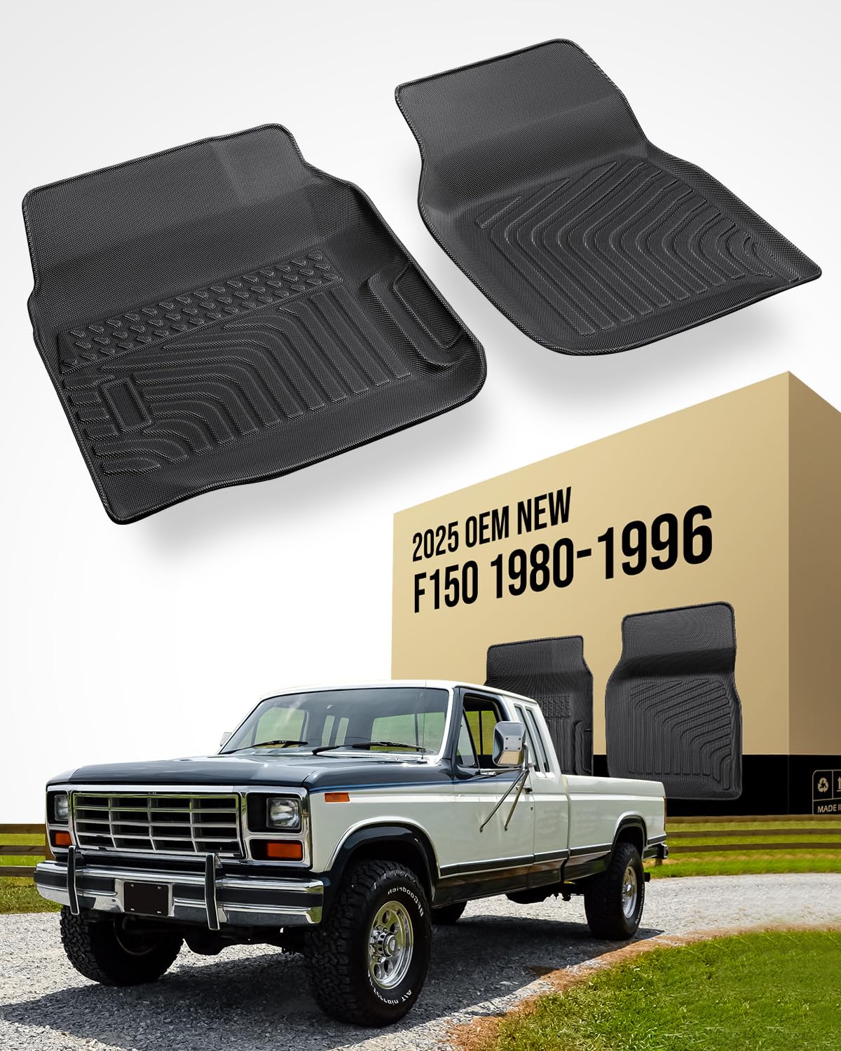 all weather floor mats for ford f150/ford bronco 1980-1996, f-250/f350 1980-1997 classic ford truck accessories 1980-1986 1987 1988 1989 1990 1991 1992-1996 waterproof nonslip tpe liner cover black