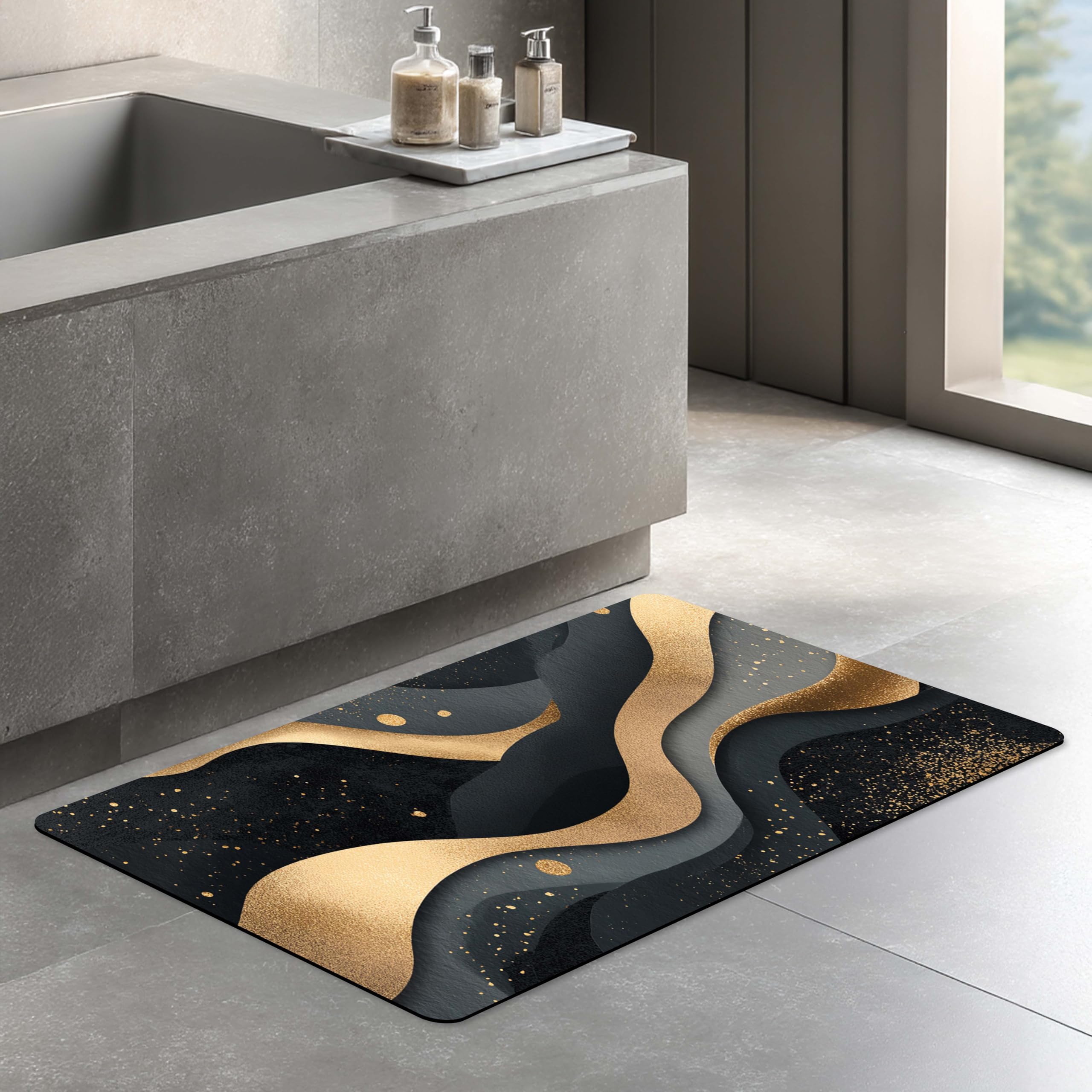 Floor Mat – Quick Dry Anti Slip Washable Soft Rubber Base Absorbent Rug | Modern Luxury Home Mat for Living Room, Bedroom & Kitchen | Galicha,Carpet Bathroom Floor Mat (80×40 cm – Black Gold Waves)-image-18