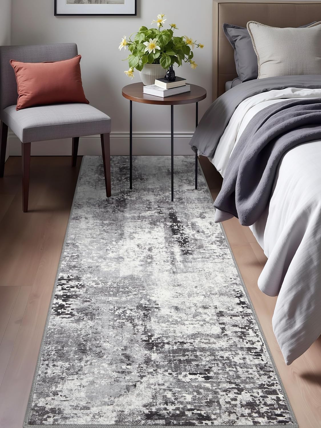 Macgace Washable Abstract Runner Rug, 2x6 Modern Area Rugs with Non-Slip Rubber Backed for Kitchen, Thin but Soft Contemporary Carpet Bedroom Entryway Hallway Decor, Dark Grey