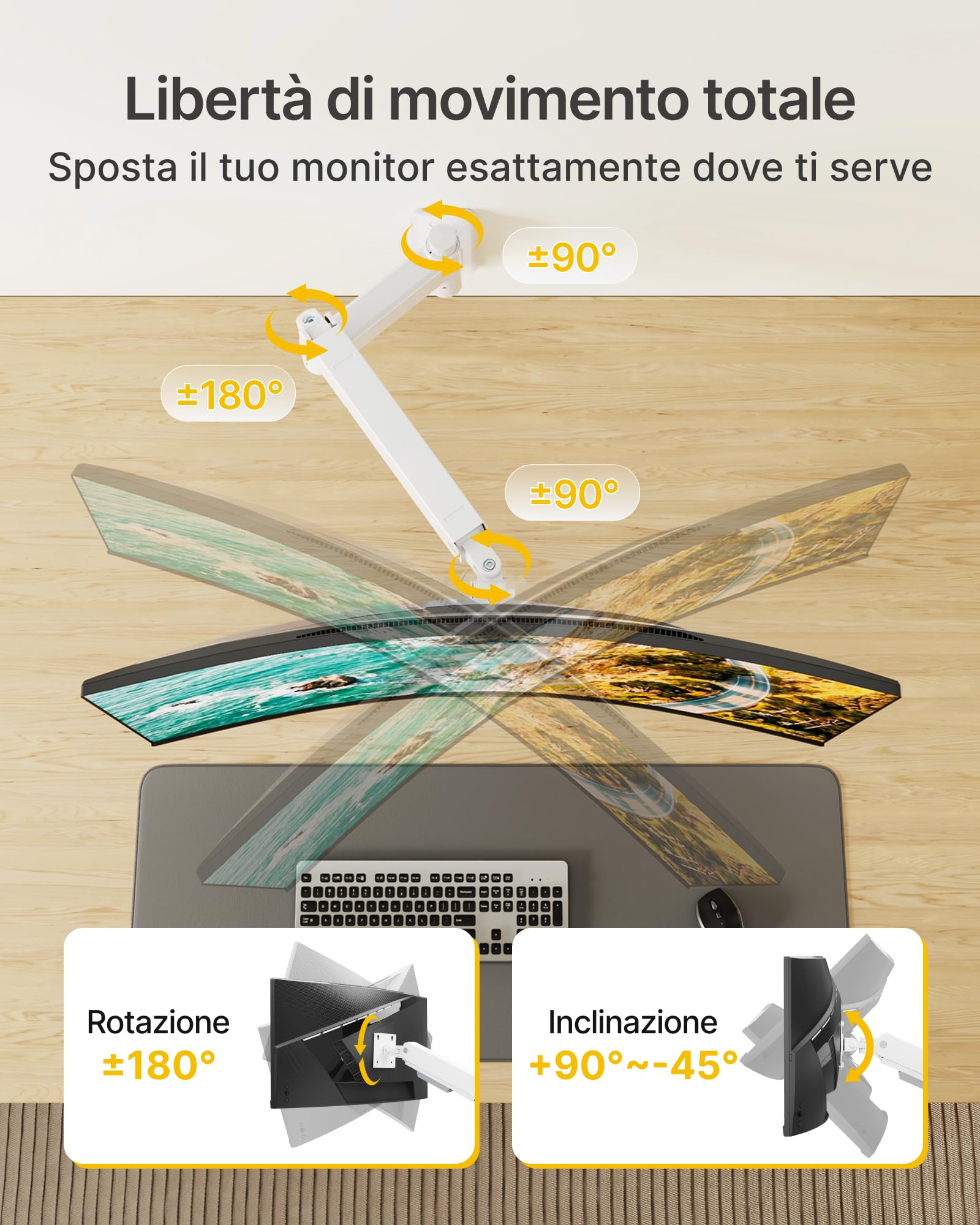 monTEK Supporto da parete per monitor da 17 a 45 pollici, carico massimo 16 kg, supporto universale da parete per TV a schermo piatto e curvo, VESA 75 x 75 / 100 x 100 mm, inclinabile, orientabile