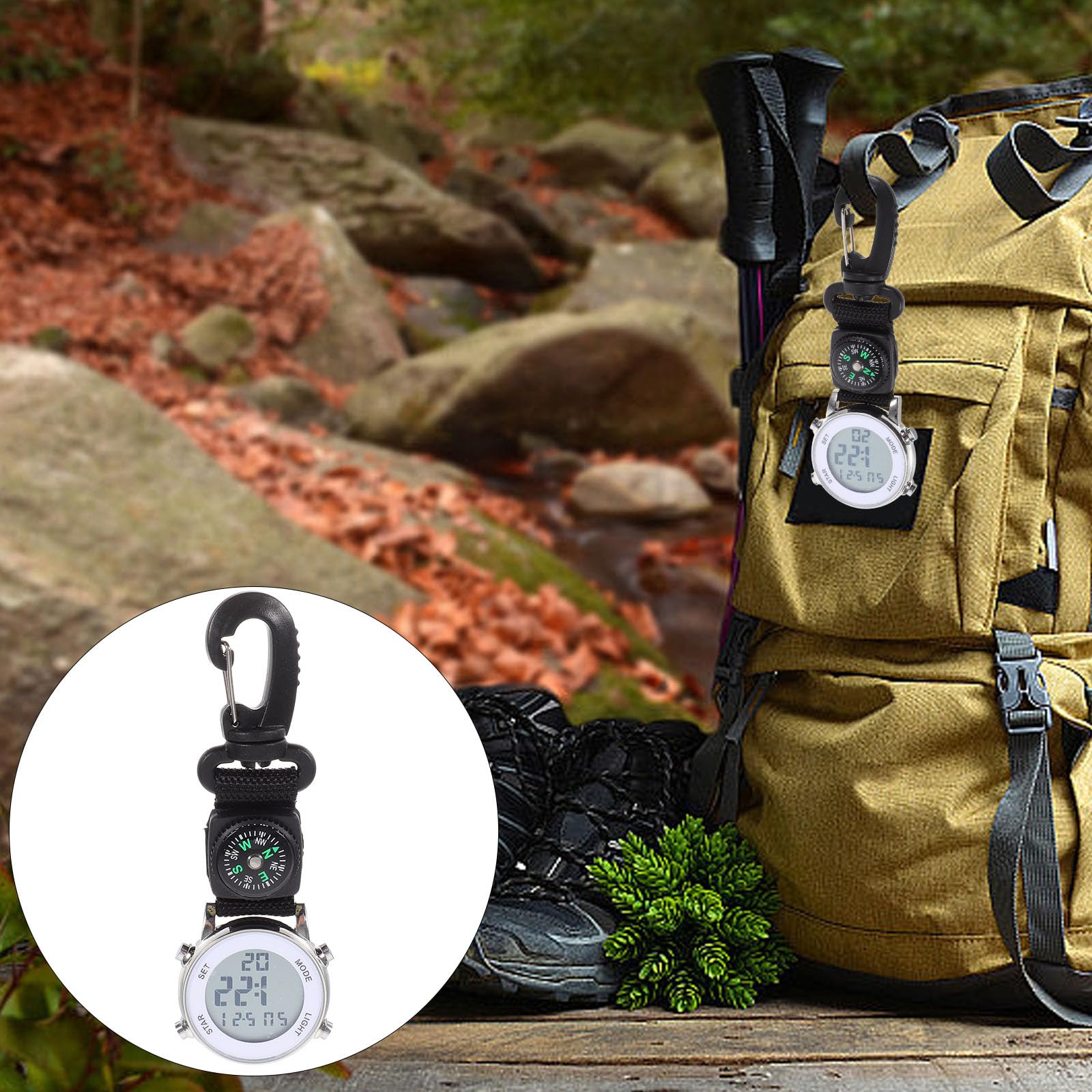 Mikikit Clip Watch - Digital Pocket Watch with Electronic Movement, Men's Backpack Hanging Compass Keychain