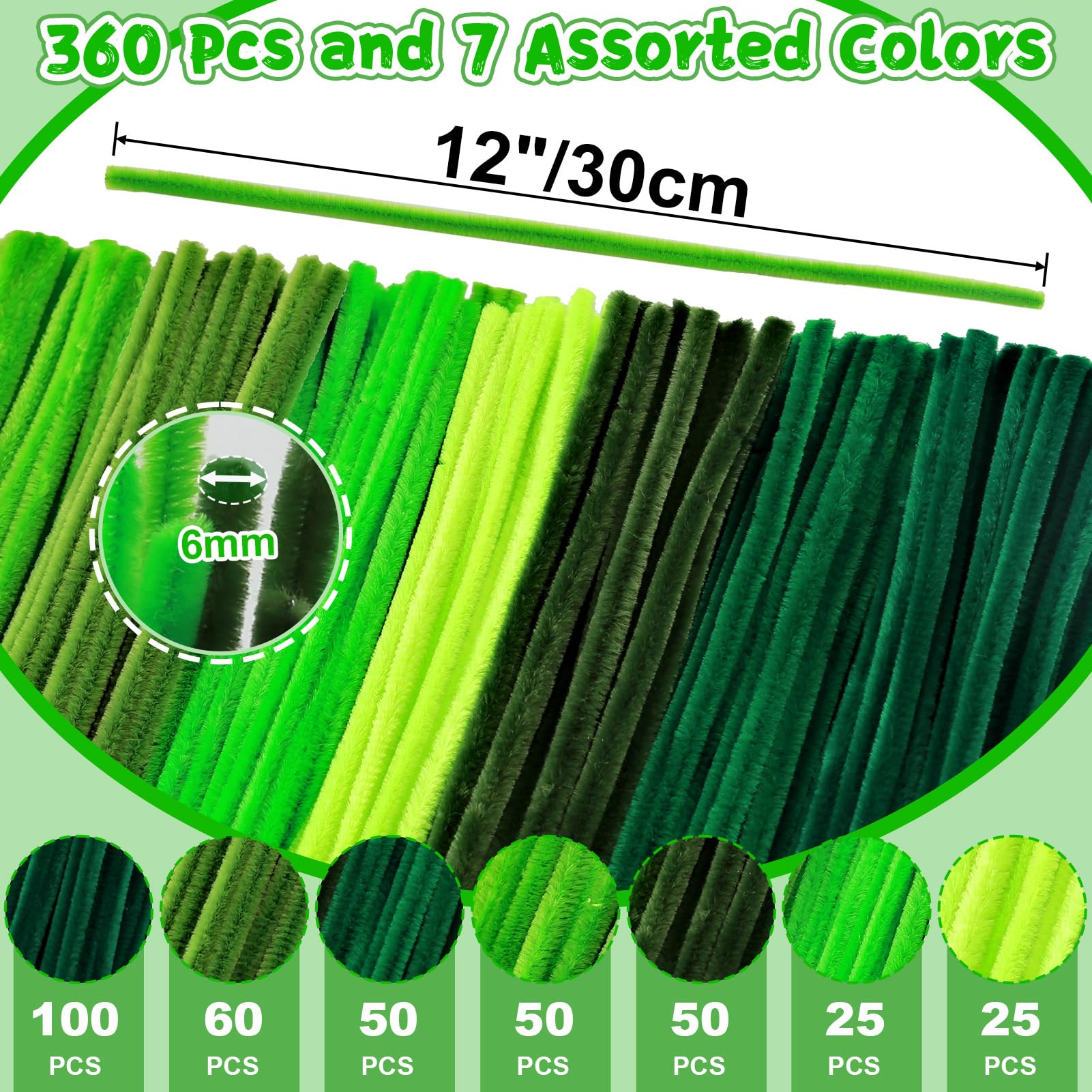 Pfeifenreiniger, Bastelbedarf, grüne Pfeifenreiniger, Bulk, 360 Stück, 30,5 cm, flauschiges Chenille-Stiel-Set für kreative lustige Sachen, Dekorationen, Projekte, Kunst und Handwerk für Kinder