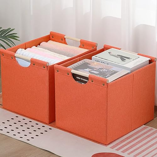Miniatura 10 de HOONEX Contenedores de almacenamiento plegables grandes, tela de lino, paquete de 2, cestas de almacenamiento con asas de transporte de madera y