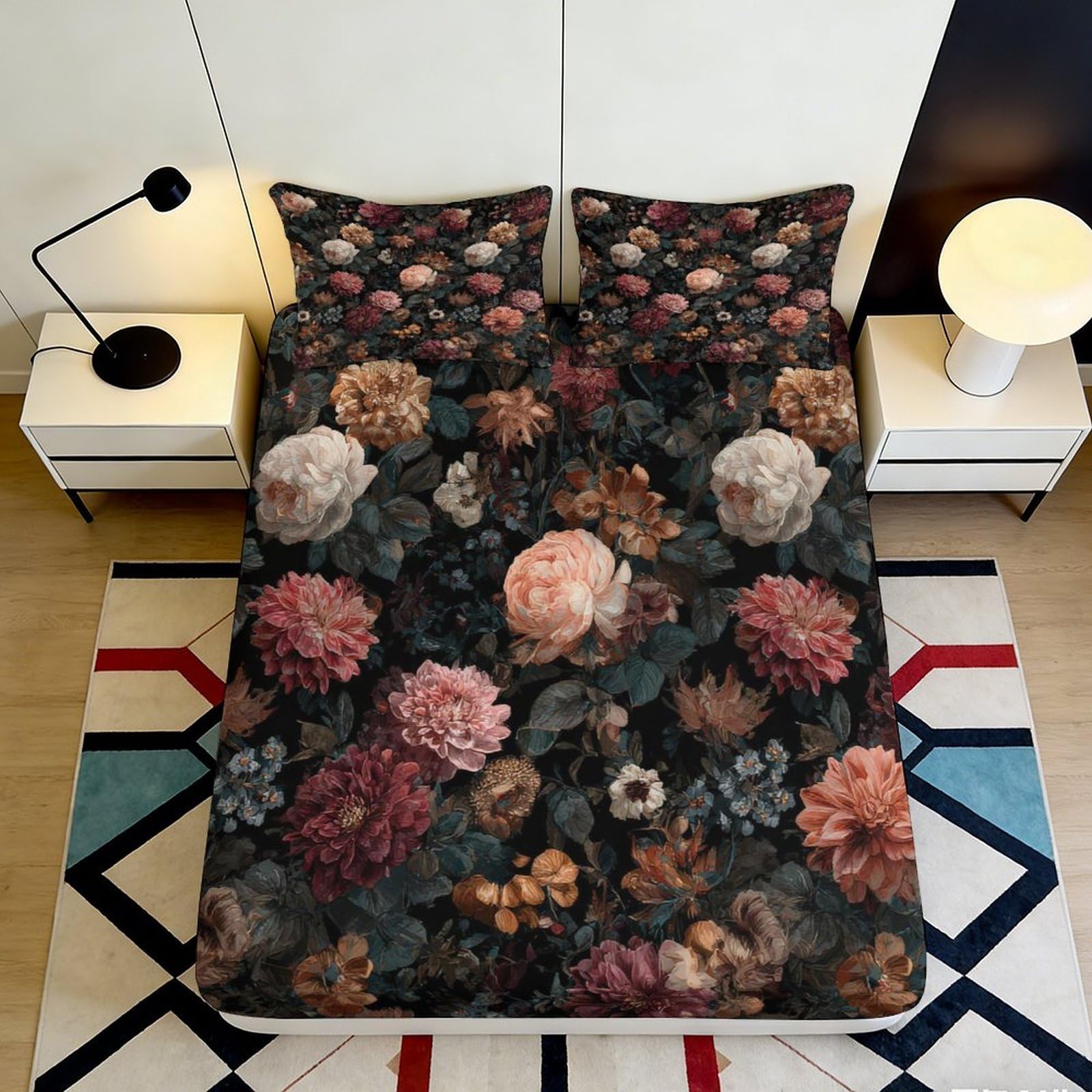 3D Printed Vintage Floral Fitted Sheet Microfiber Soft Mattress Cover Dark Peony Bed Sheet for Bedroom Guest Room Decor 120x200x25cm
