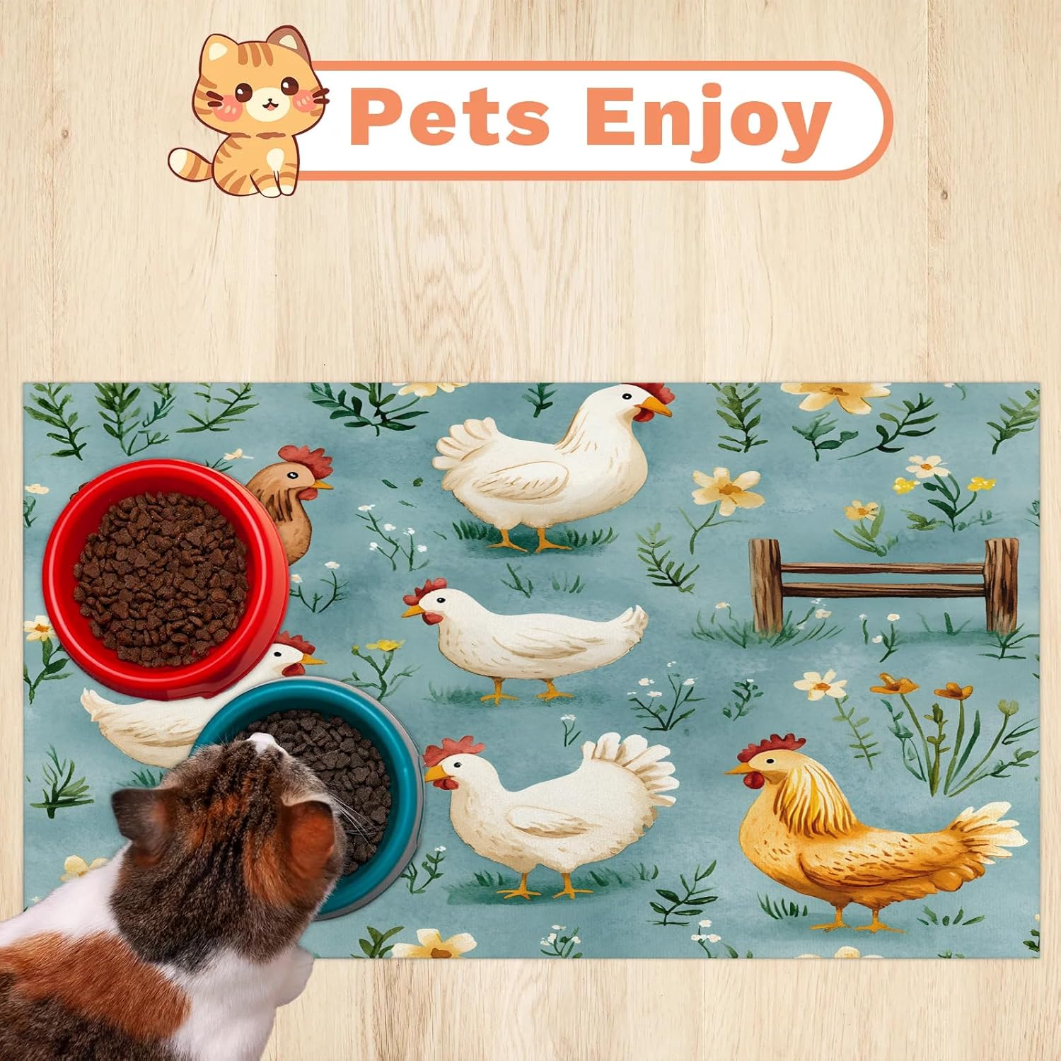 Hexteria Rustic Chicken Dog Cat Food Mat 24 x 32 in Farmhouse Animal Absorbent Leakproof Pet Feeding Mat for Food and Water Bowl Non Slip No Stains Pet Placemat