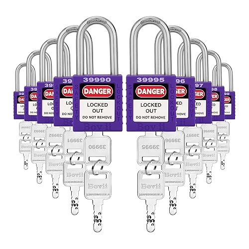 Miniatura 12 de Juego de cerraduras de bloqueo y etiquetado – 10 candados de seguridad rojos con llave diferente, 2 llaves por cerradura, cerraduras de loto D1-10