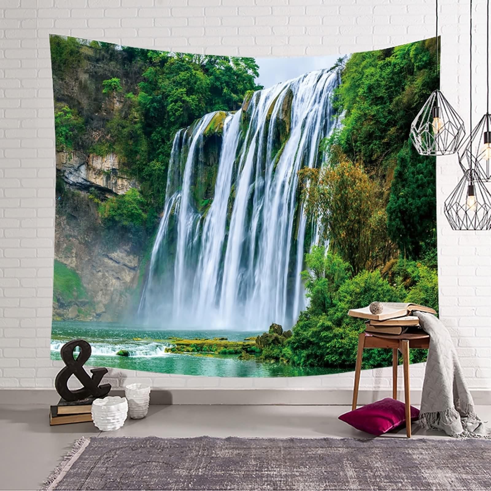 Aotiwe Zasłona ścienna, duża, do sypialni, motyw gór i wodospadu, zielony, brązowy, biały, 350 x 256 cm