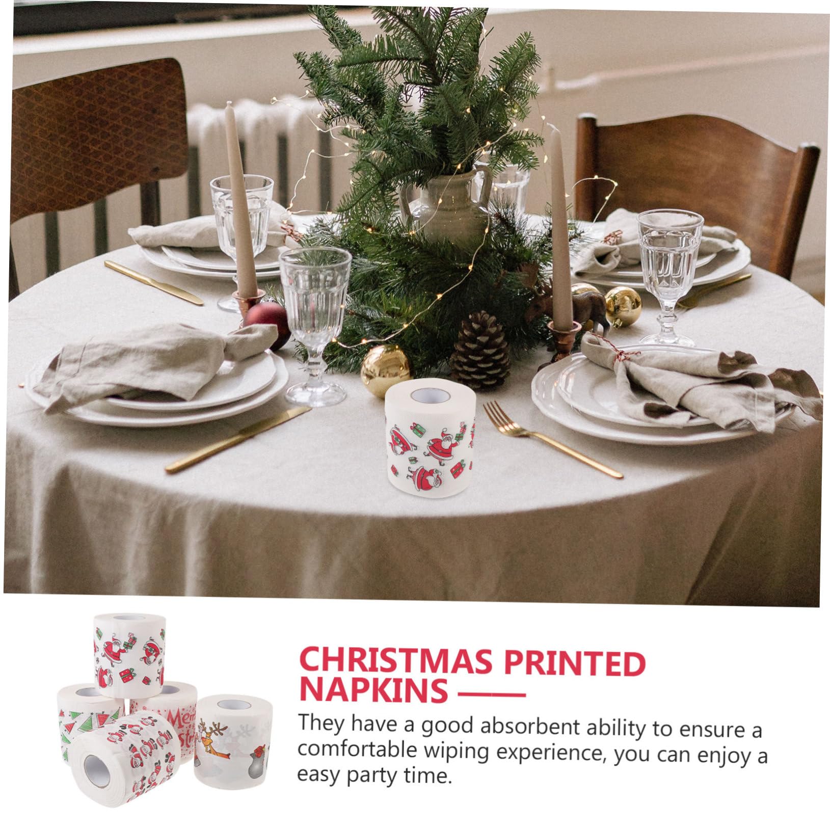 5rollos Servilletas Desechables De Papel Grueso con Estampado Navideño con Diseño Creativo Papá Noel Árbol y Regalos Aptas para Decoración De Fiestas y Uso Higiénico Navidad