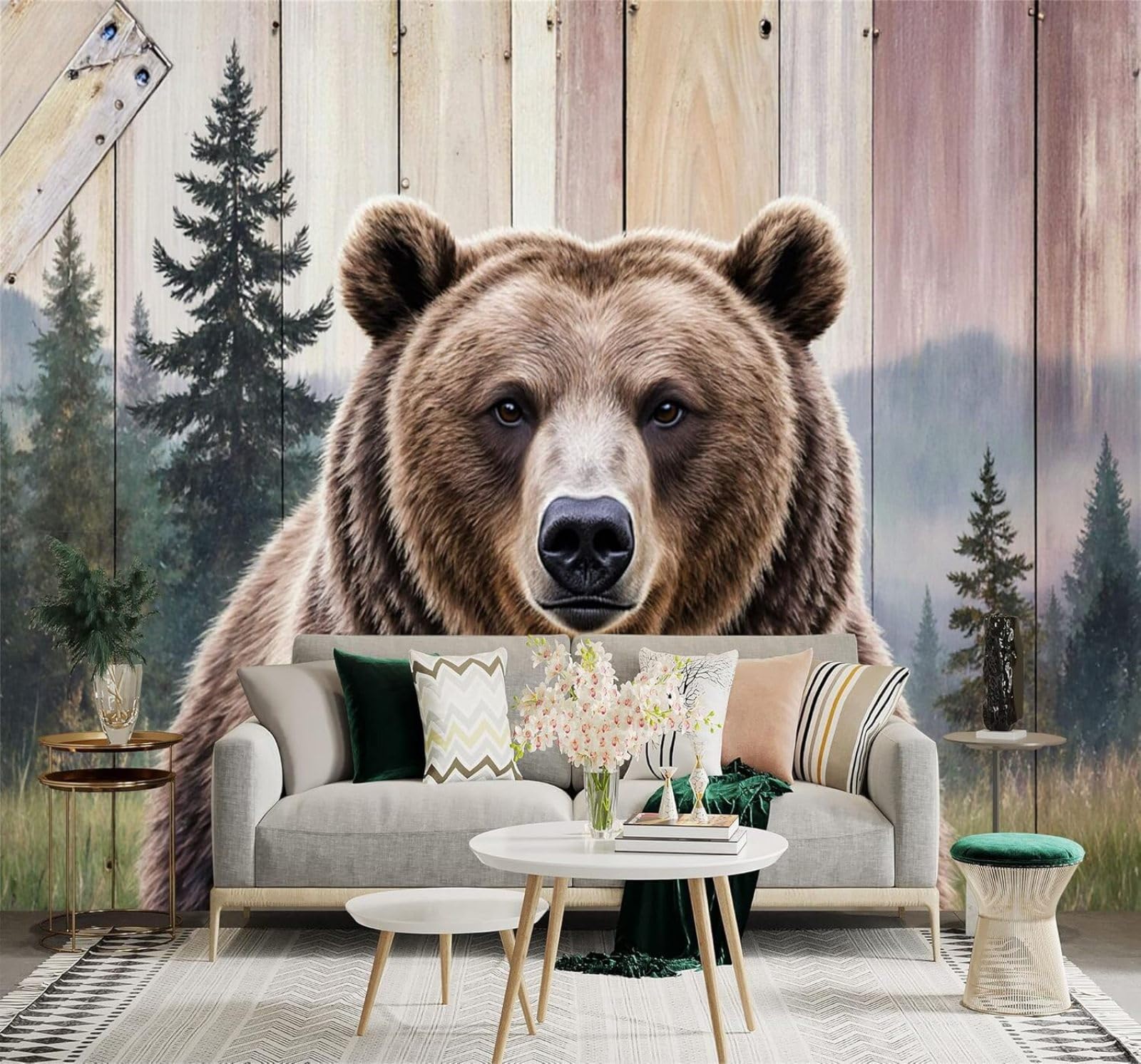 XLMING Three Dimensional Brown Bear Pine Tree Wood Grain 3D Wallpaper Premium Textured Silk Study Dining Living Room Bedroom Sofa TV Wall Easy Install-300cm×210cm