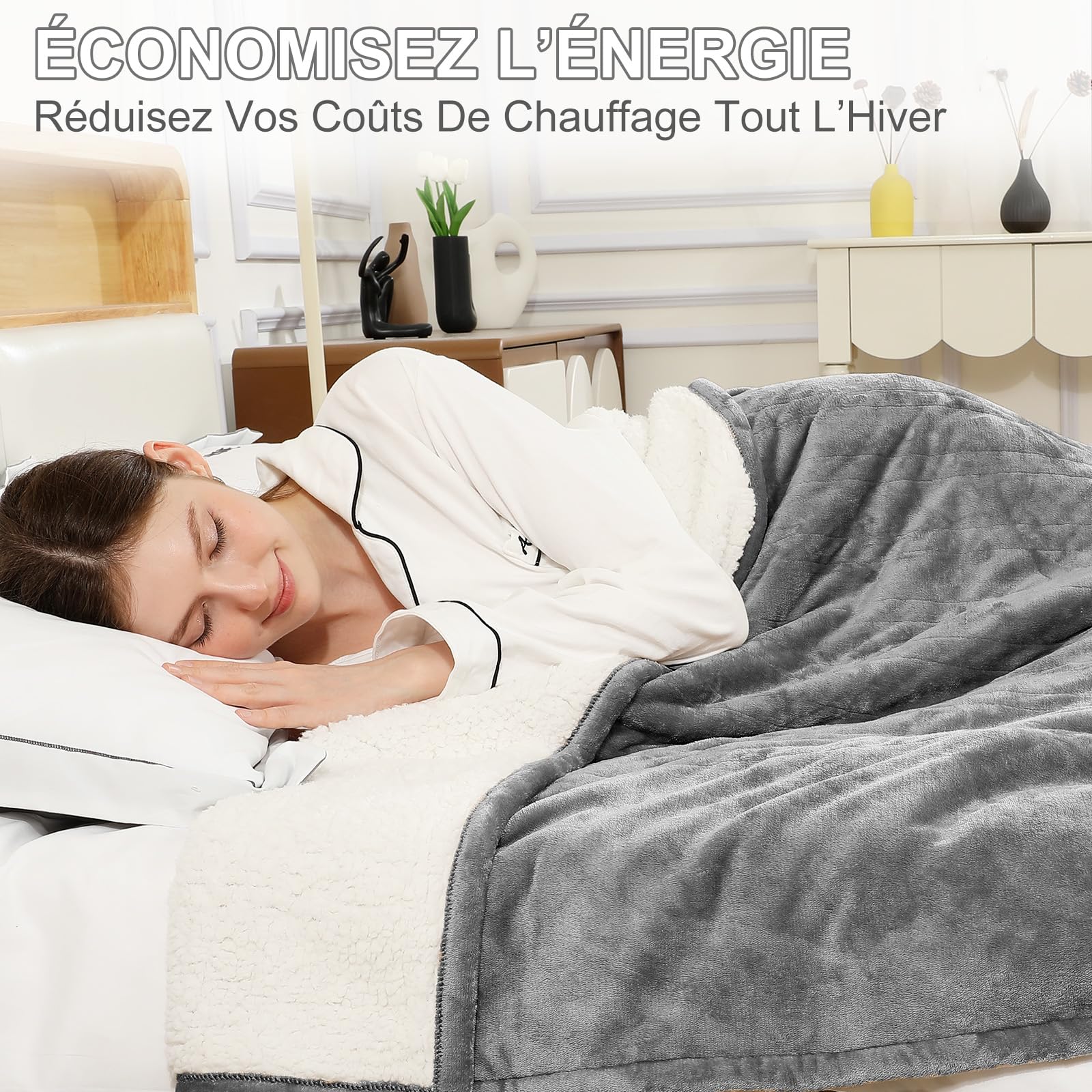 COZYTY Heizdecke mit Abschaltautomatik 130x180cm – Flanell Elektrische Wärmedecke, 6 Heizstufen &10-Std. Abschalt-Timer, Überhitzungsschutz, Maschinenwaschbar, Grau
