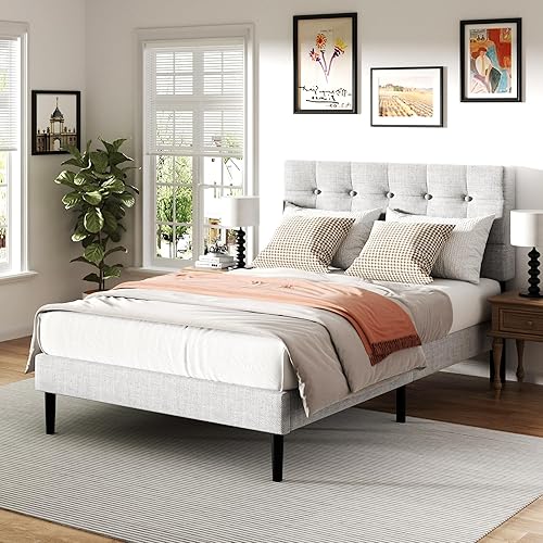 UNIZONE Base de cama tamaño matrimonial con cabecera tapizada capitoné con botones, plataforma de lino con soporte de listones de madera, base de