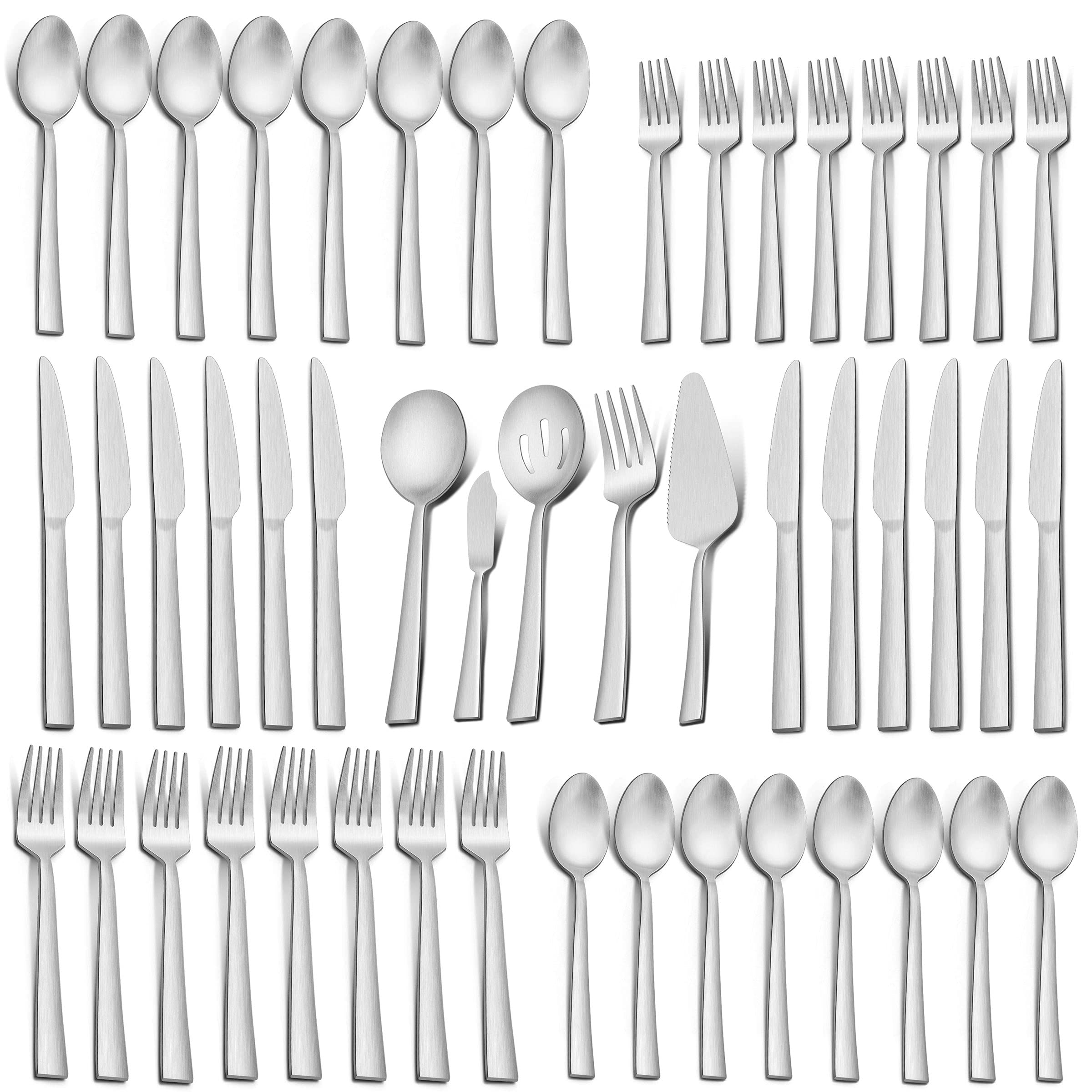 LIANYU 65-Piece Matte Silverware Set with Serving Utensils, Stainless Steel Flatware Cutlery Set for 12, Square Tableware Eating Utensils Set for Wedding Restaurant Home, Satin Finish, Dishwasher Safe