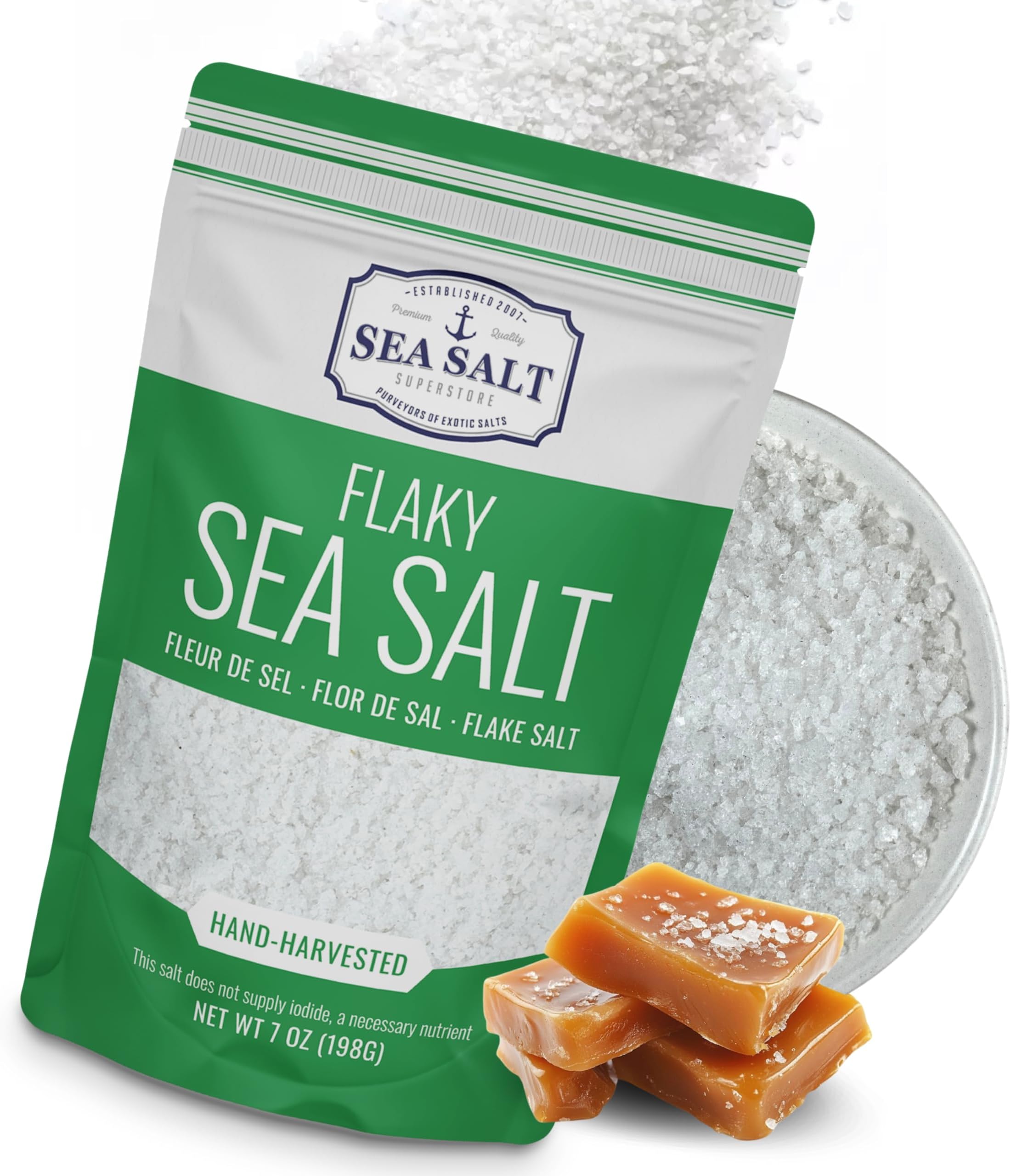 Flaky Hand Harvested Sea Salt Flakes, Baja Fleur de Sel Flake Salt, for Baking and Cooking and Fishing, 7 oz Bag