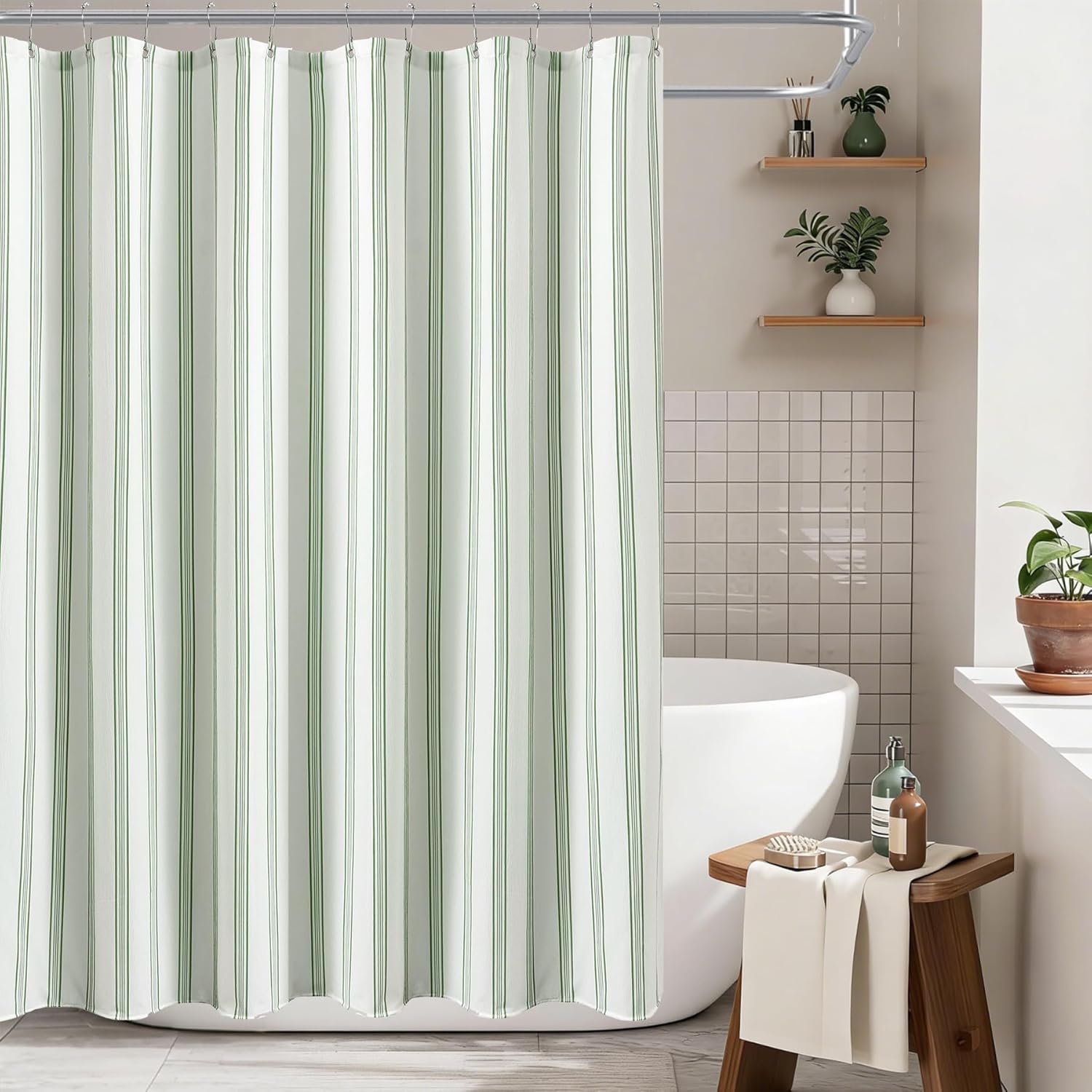 ORTIGIA Green and White Striped Shower Curtain with 12 Metal Hooks, Crinkled Lightweight Textured Fabric Modern Farmhouse Minimalist Shower Curtain for Bathroom 72x72 Inch