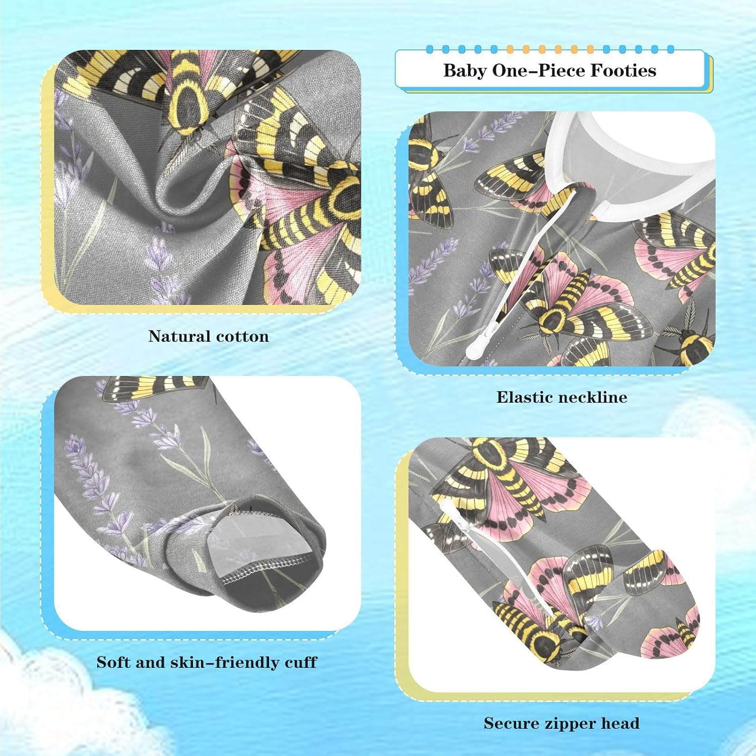 Emelivor Butterflies Flowers Gray Baby Newborn One-Piece Pajamas Cotton Infant Footed Pjs for Boys Girls Kids