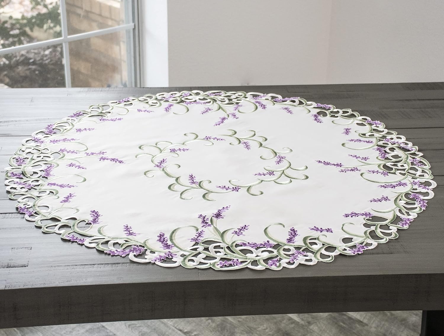 Embroidered Purple Lavender Lilac Large Doily, Small Tablecloth, Round Table Topper (33 inch Round)