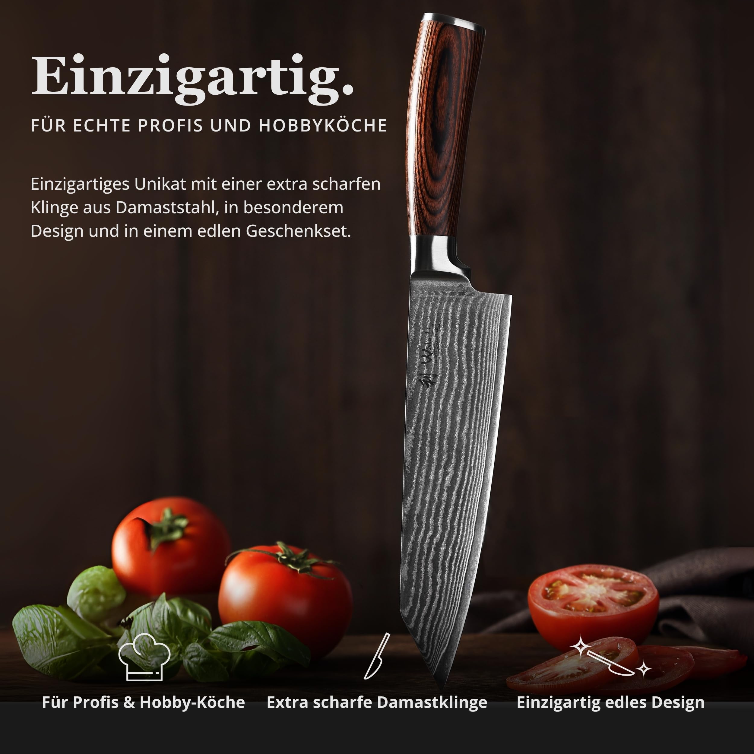 Wakoli EDIB Kiritsuke Messer mit 20 cm Klinge aus Damaststahl mit VG10 Kern | 67 Lagen, 60 ± 2 HRC, 33 cm Gesamtlänge, Pakkaholzgriff und Geschenkbox; beidseitiger V-Schliff für Fleisch, Fisch und Gemüse