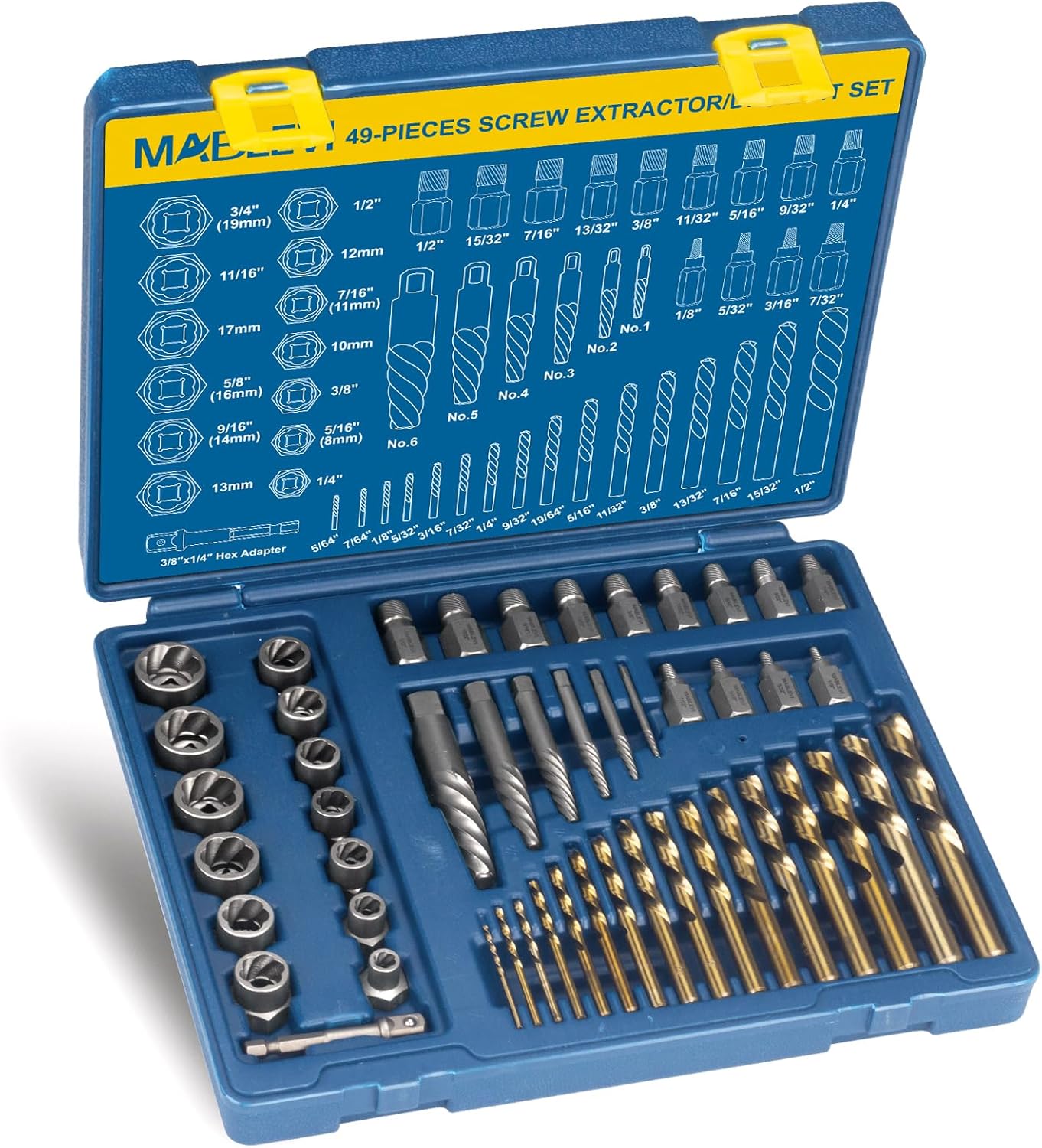 MABLEVI 49 Pcs Screw Extractor Bolt Extractor Set, Left Hand Drill Bit Set, Easy Out Multi-Spline Stripped Bolt Remover for Broken Rusted Nuts Bolts Screws