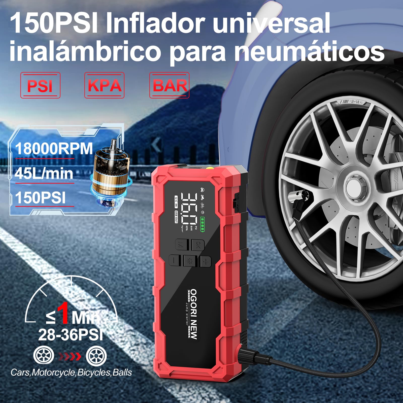 Arrancador de Baterias de Coche 7000A,Compresor Aire portatil 150 PSI,Arrancador de Coche 12V(para 10L de Gasolina o 8L de Diésel) con Pinzas de Seguridad Inteligentes y luz LED