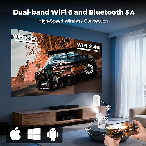 Miniatura 5 de Mini proyector con WiFi y Bluetooth, proyector portátil 4K con altavoz de 5 W, Keystone vertical automático y giratorio de 180, proyector de