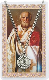 Saint Nicholas 3/4-inch Pewter Medal Pendant Necklace with Holy Prayer Card