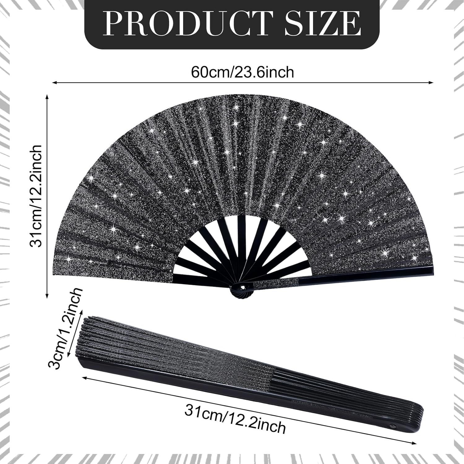 Thyle 6 Pcs Large Folding Fan for Line Dancing Bulk Hand Fan Black Popping Clapping Party Favors Decoration Gift for Edm Festival Club Summer(Classical)