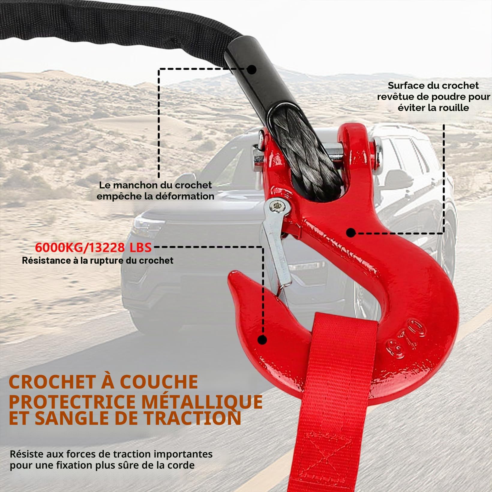 Corde à Treuil, 8mm X 15M, Corde de Remorquage Synthétique 12 Brins avec Gaine de Protection et Crochet Métallique, Compatible avec Camion, SUV, ATV, UTV, Force Traction Maximale 6000kg