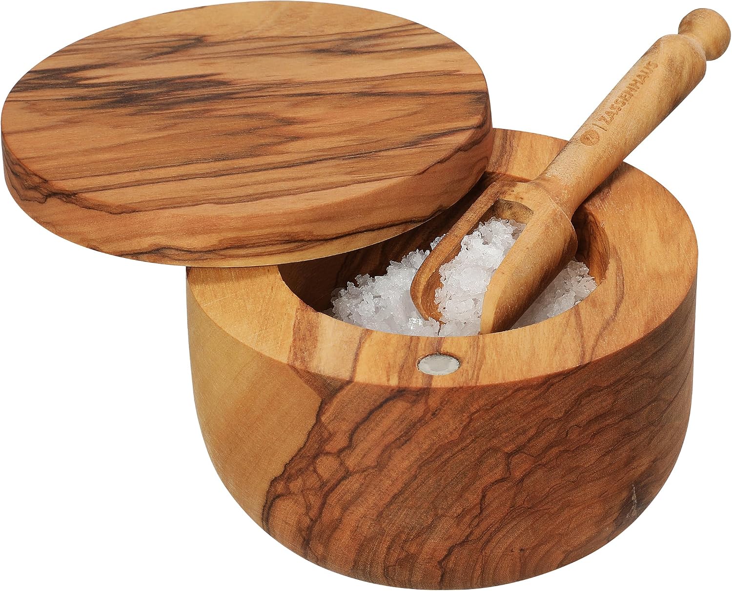 Zassenhaus Salt and Spice Pot with Lid, Olive Wood, Diameter 9.5 x 6 cm, Natural Grain, Practical Magnetic Closure, Elegant Oil Finish, Handmade Unique Piece, High-Quality Workmanship