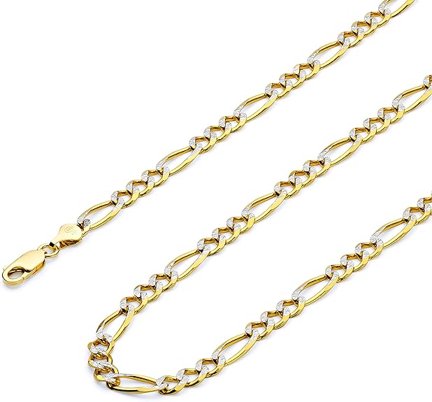 GoldenMine Fine Jewelry Collection 14k Yellow Gold 6mm Figaro 3+1 White Pave Chain Necklace 20