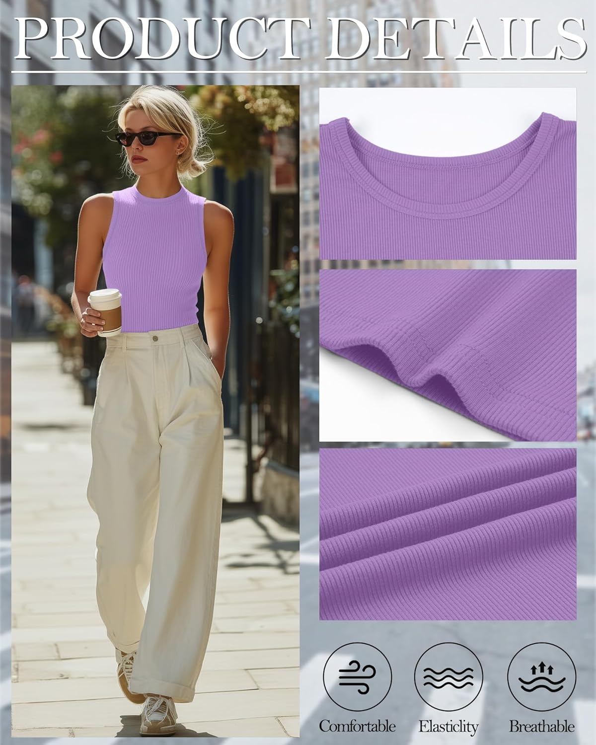 3 Pack Women's Ribbed Tank Tops Sleeveless Cotton Casual Knit Slim Shirts Crew Neck Summer Basic Tops - Image 5