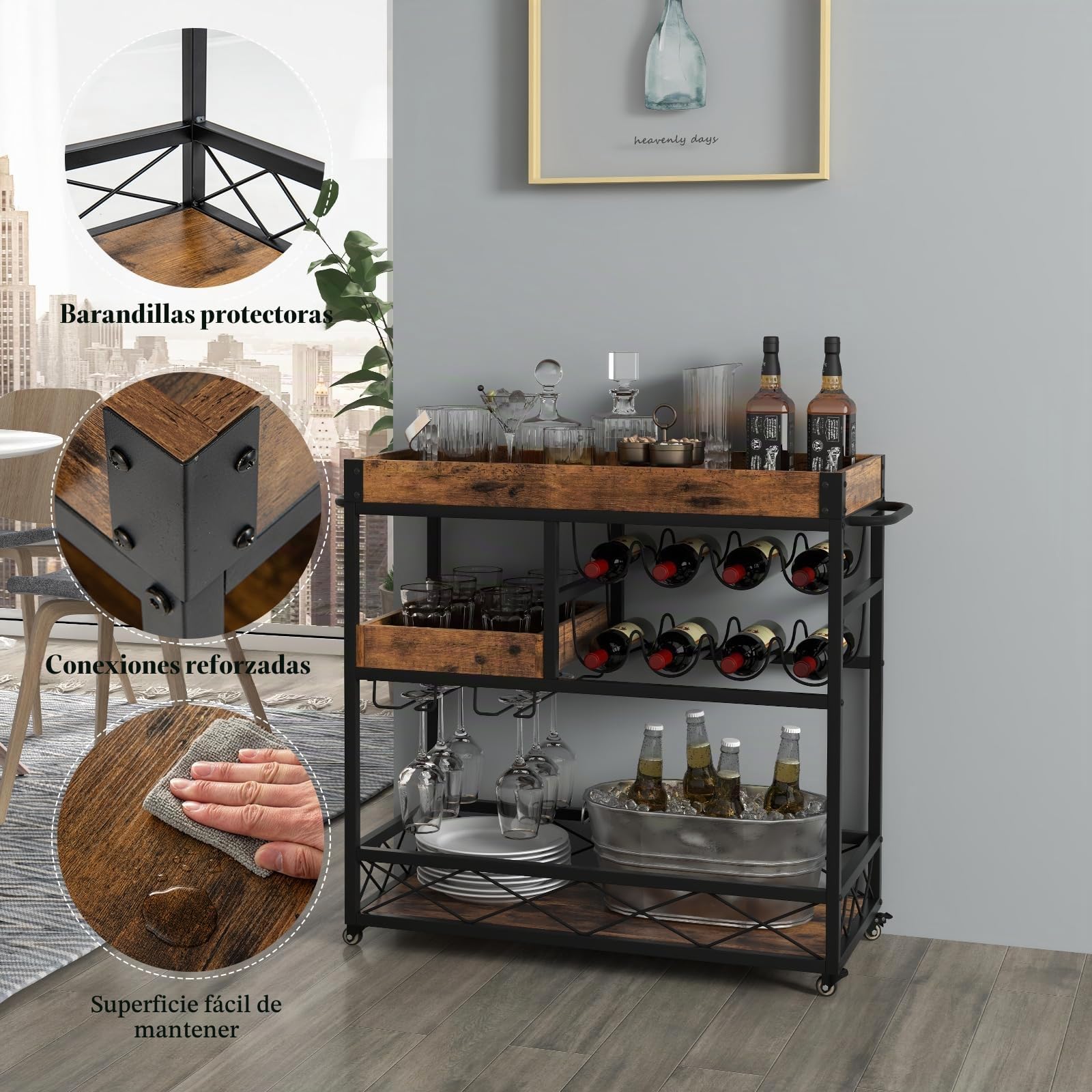KOMFOTTEU Botellero móvil, 3 Niveles de Almacenamiento, Bandeja Superior extraíble, 4 Ruedas en la Parte Inferior, MDF y Hierro, para Cocina, Bar, 94 x 40 x 82 cm, Grano de Madera Industrial