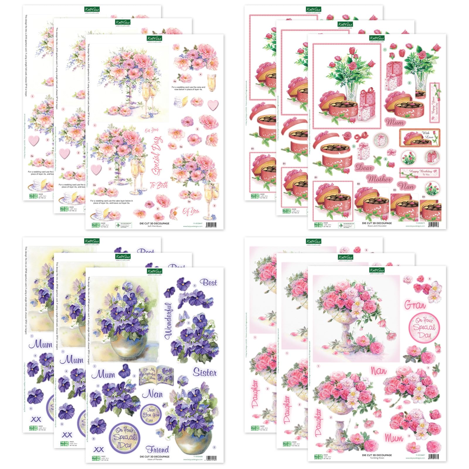 Katy SueDesigns Soft Pinks & Purples 3D Die Cut Decoupage Collection for Card Making Supplies & Scrapbooking. Contains 12 Sheets of Katy Sue Die Cuts Featuring Roses, Pansies, & Sentiments