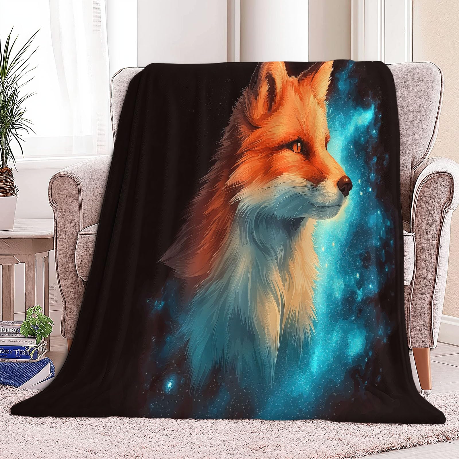 Koc w kratę z czarnym fantastycznym portretem lisa, duży rozmiar, miękki i ciepły flanelowy koc, wygodny dla dzieci i dorosłych, 220 x 240 cm