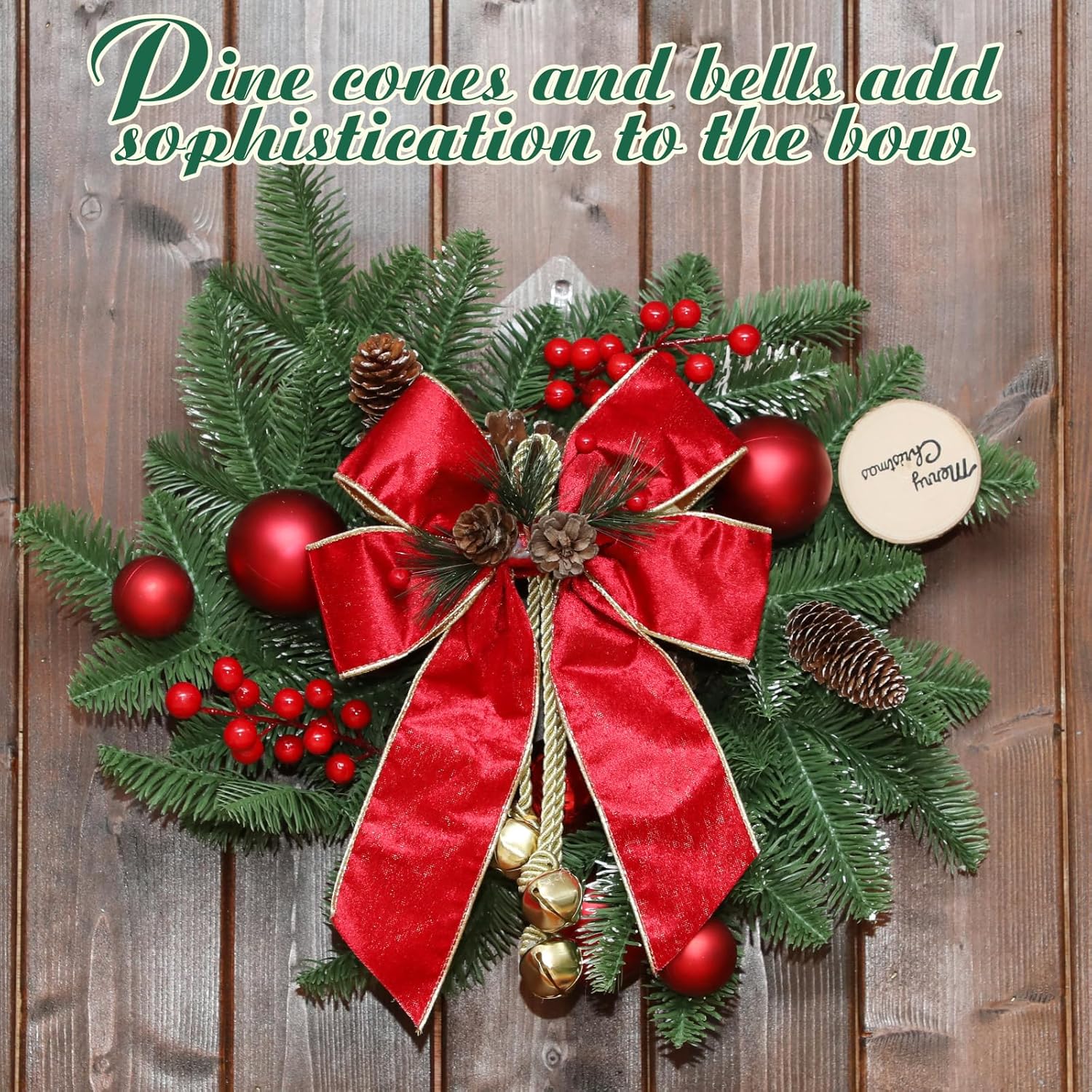 Yinkin Christmas Tree Wreath Bow Christmas Ribbon Bows with Bells 11 x 7.8 in Velvet Pine Cone Bowknot Xmas Tree Hanging Ornaments Decor for Home Xmas Party Outdoor Indoor(Red,4 Pcs)