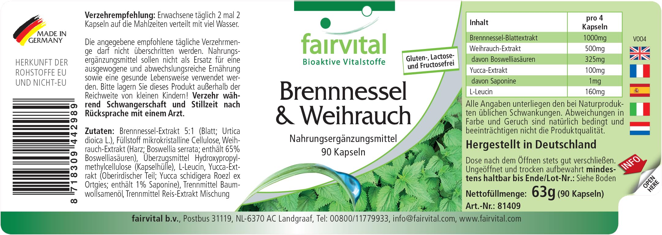 fairvital Capsule di ortica con boswellia, 90 capsule, ALTO DOSAGGIO, con 4000 mg di estratto di foglie di ortica per dose giornaliera, VEGANE, Boswellia serrata con almeno il 65% di acidi boswellici